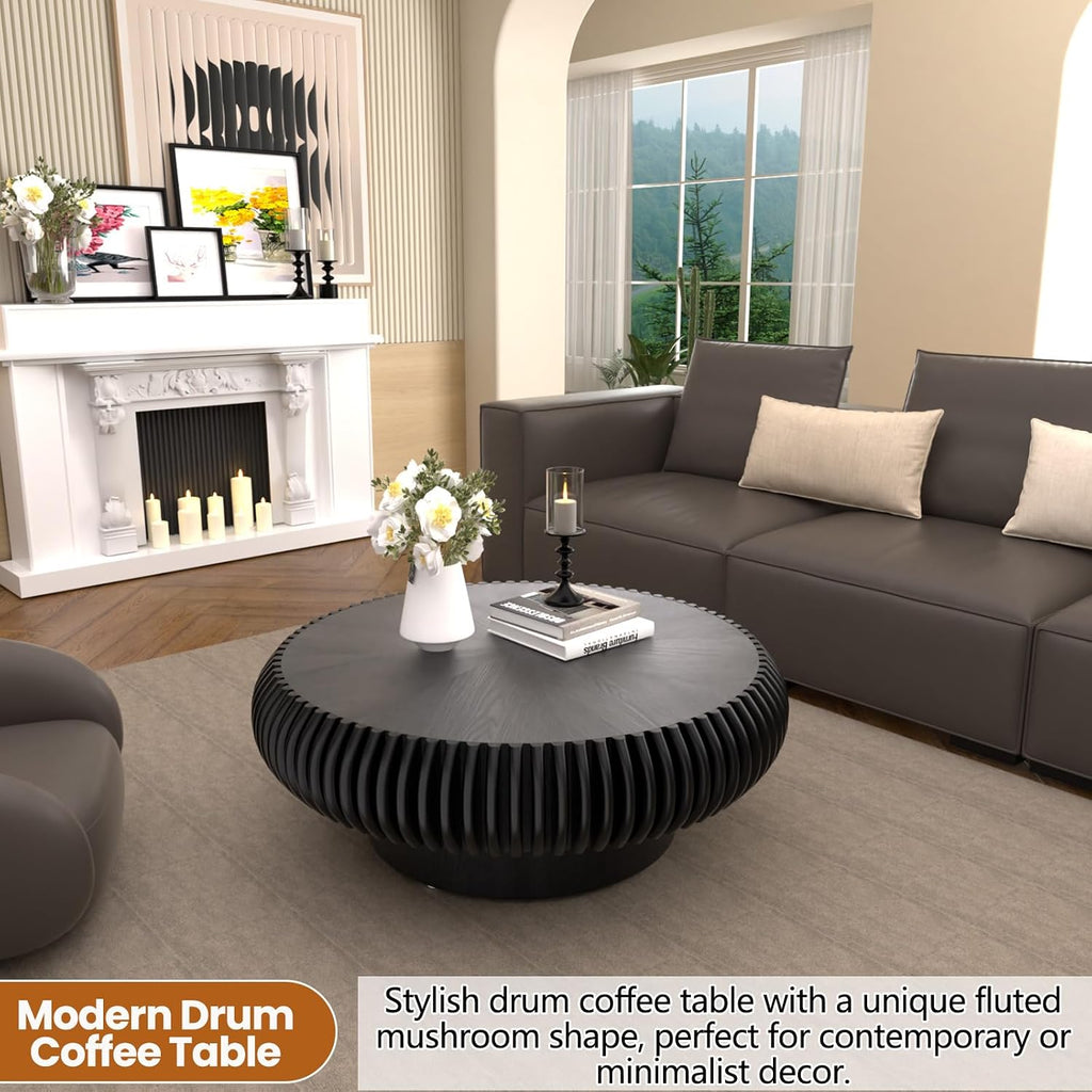 Round Drum Coffee Table with Sturdy Pedestal, Modern Wooden Fluted Coffee Table, Circle Center Table Accent Tea Table for Living Room Apartment Office Reception Room (Black D31.5)