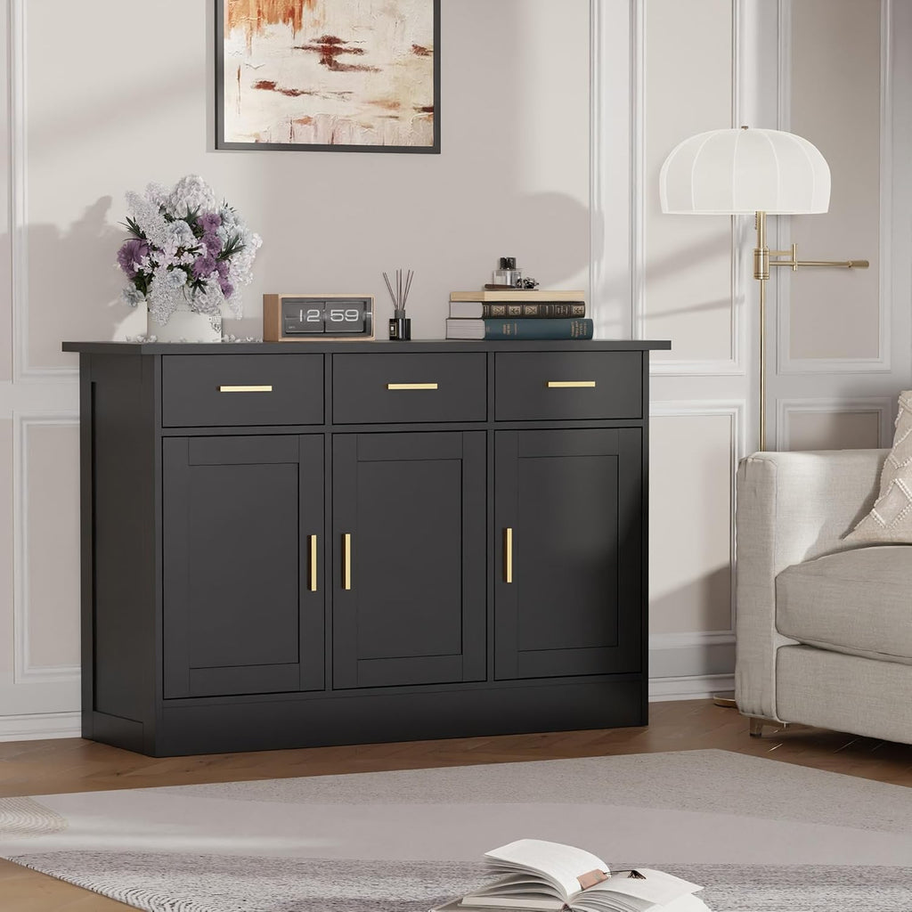 Buffet Cabinet with Storage - Buffets & Sideboards Kitchen Storage Cabinet, Wood Console Table Coffee Bar Accent Cabinets for Living Room Dining Room Entryway Large 3 Doors & Drawers, Black 47.2'W
