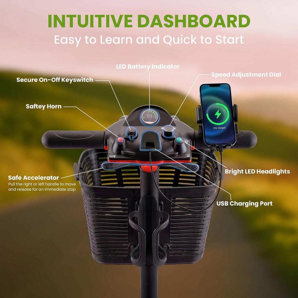 Mobility Scooters for Senior Adults, 15 Mile Electric Mobility Scooter with Detachable Battery, 4 Wheels Foldable Mobility Scooter with LED Headlights and USB Charging Port, 300 lbs Capacity (Red)