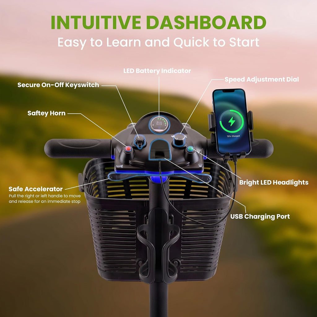 Mobility Scooters for Senior Adults, 15 Mile Electric Mobility Scooter with Detachable Battery, 4 Wheels Foldable Mobility Scooter with LED Headlights and USB Charging Port, 300 lbs Capacity (Blue)