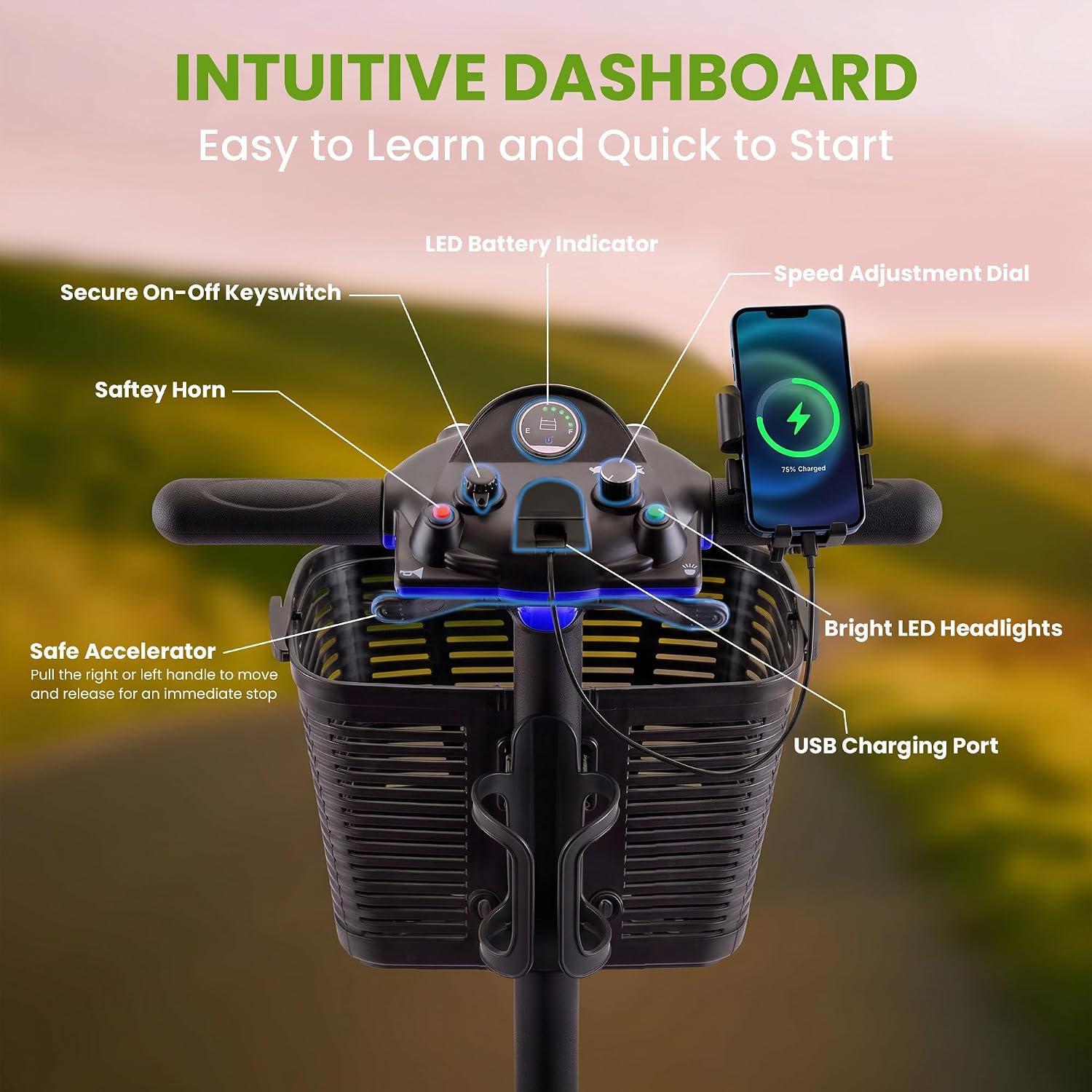 Mobility Scooters for Senior Adults, 15 Mile Electric Mobility Scooter with Detachable Battery, 4 Wheels Foldable Mobility Scooter with LED Headlights and USB Charging Port, 300 lbs Capacity (Blue)
