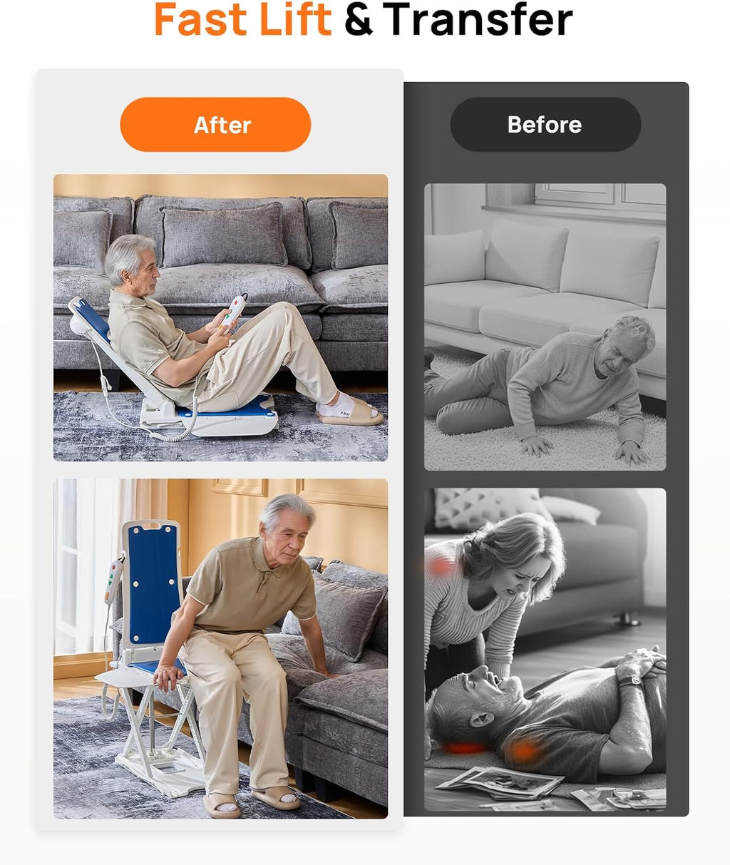 PERLECARE Electric Chair Lift, 308 lbs Capacity, Floor Lift for Elderly Falls, IP68 Waterproof Bath Lift for Tub, Foldable & Rechargeable Design, Remote Control, for Fall Recovery & Home Care