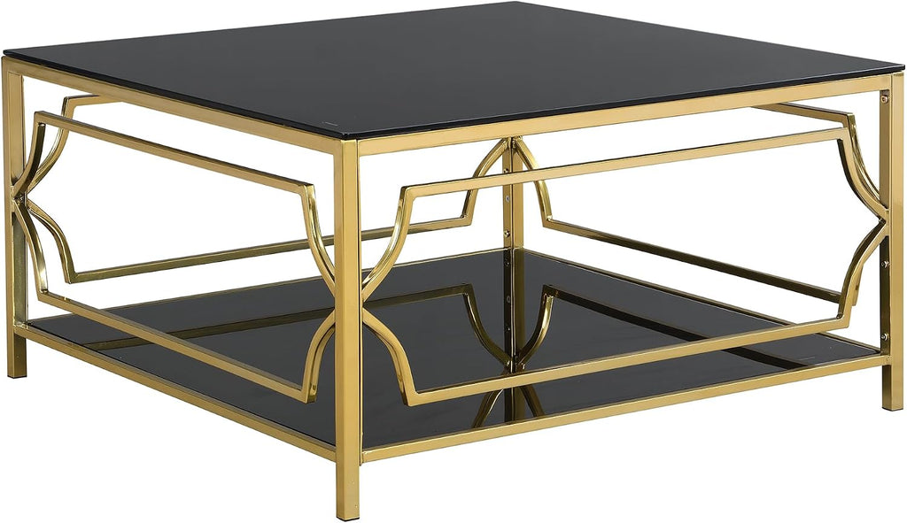 Merax 33.5' Square Glass Coffee Table, Luxurious Geometric Metal Frame, Gold Finish & Lower Shelf, for Living Room Apartment, Black