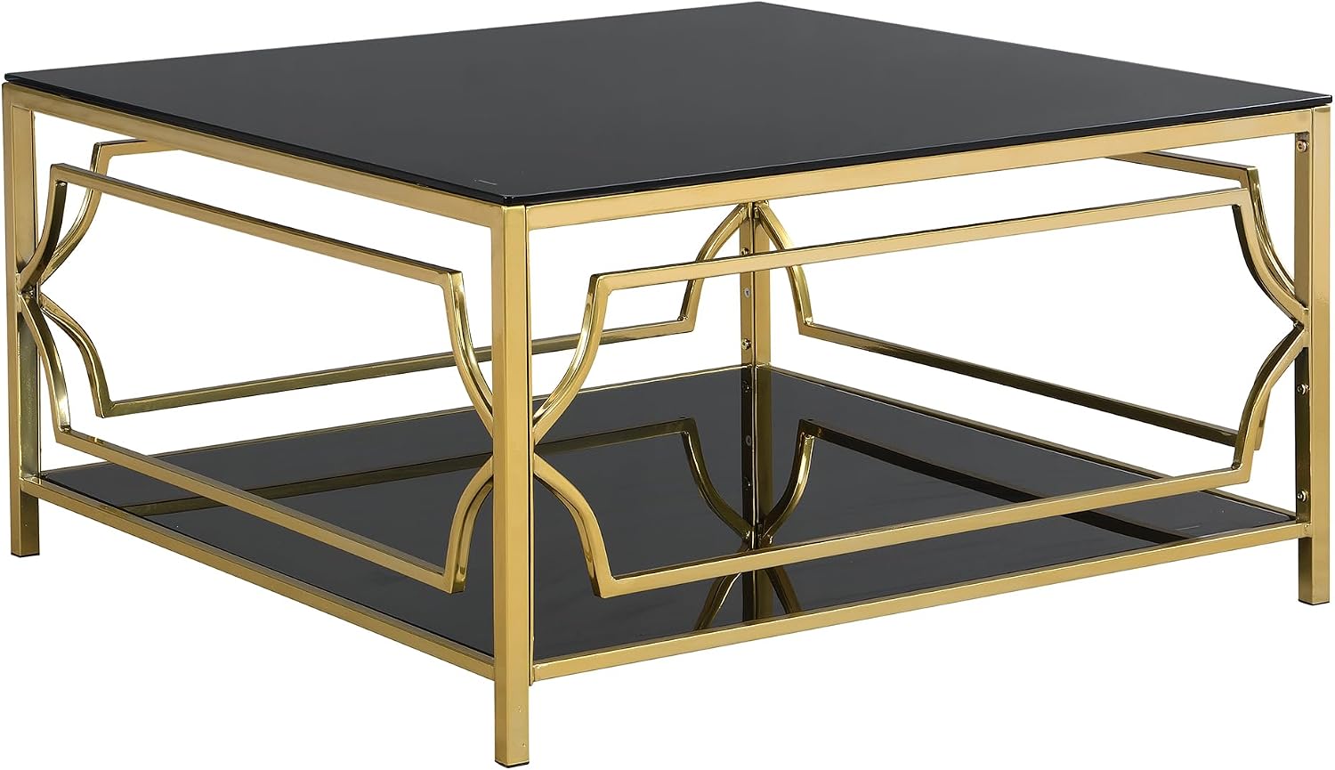 Merax 33.5' Square Glass Coffee Table, Luxurious Geometric Metal Frame, Gold Finish & Lower Shelf, for Living Room Apartment, Black