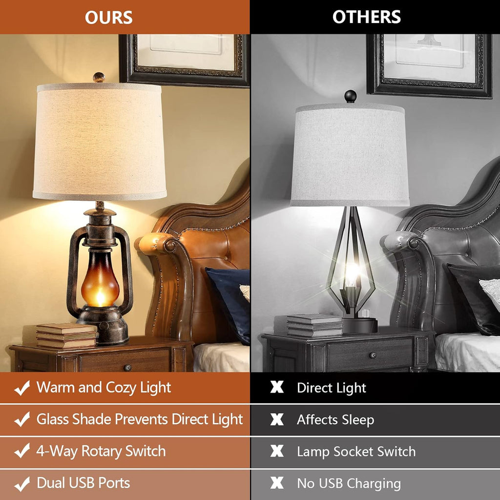 Farmhouse Rustic Table Lamps for Bedroom Set of 2, Vintage Lantern Lamp with Dual USB Charging Ports,25' Retro Antique Bedside Nightstand Desk Lamp for Living Room End Table Entryway, 4 Bulb Included