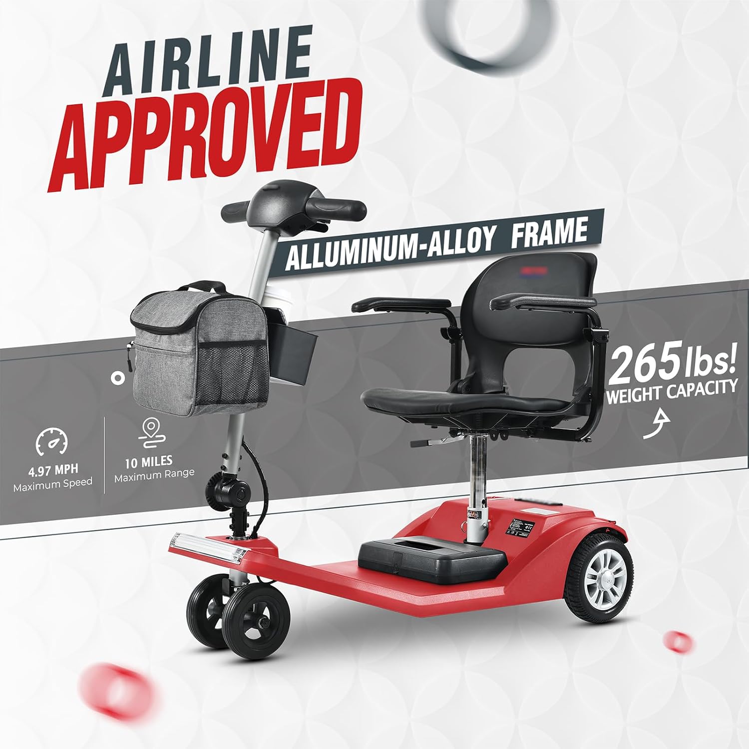 Mobility Scooters for Seniors & Adults 350 Lb Weight Foldable,All-Terrain 4-Wheel Powered Scooter,Lightweight Portable Folding Design,Disability Electric Wheelchair,w/Led Lights,15Miles,red