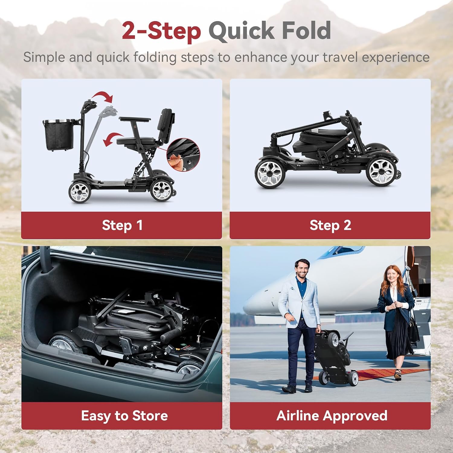 20 Miles Range Lightweight Mobility Scooter for Adults & Seniors - 47lbs Foldable 4 Wheel Travel Electric Scooter with Removable Battery, LED Lights - 300lb Capacity (Black)