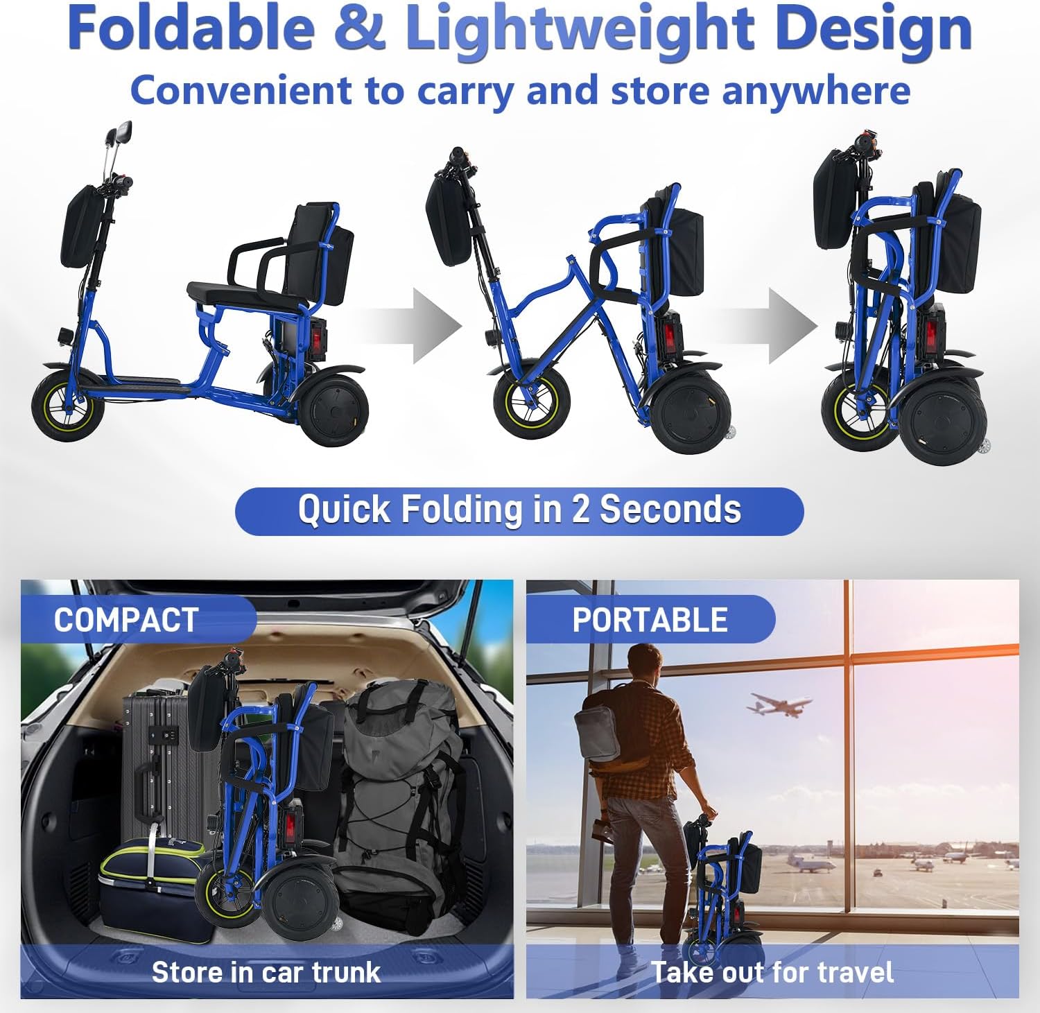 3-Wheel Folding Mobility Scooter Foldable Lightweight Electric Scooter for Adults & Seniors, Detachable Lithium Battery, Long Range 28 Miles, 3-Speed, with Rearview Mirror & Turn Signal (Blue)