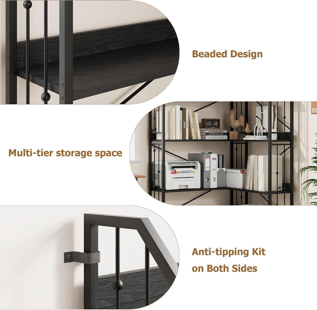 Takywep 72' Corner Bookshelf, l-Shaped 5 Tier Bookcase, Tall Corner Bookcase with Beaded Design, Large Display Shelf for Living Room Bedroom Black
