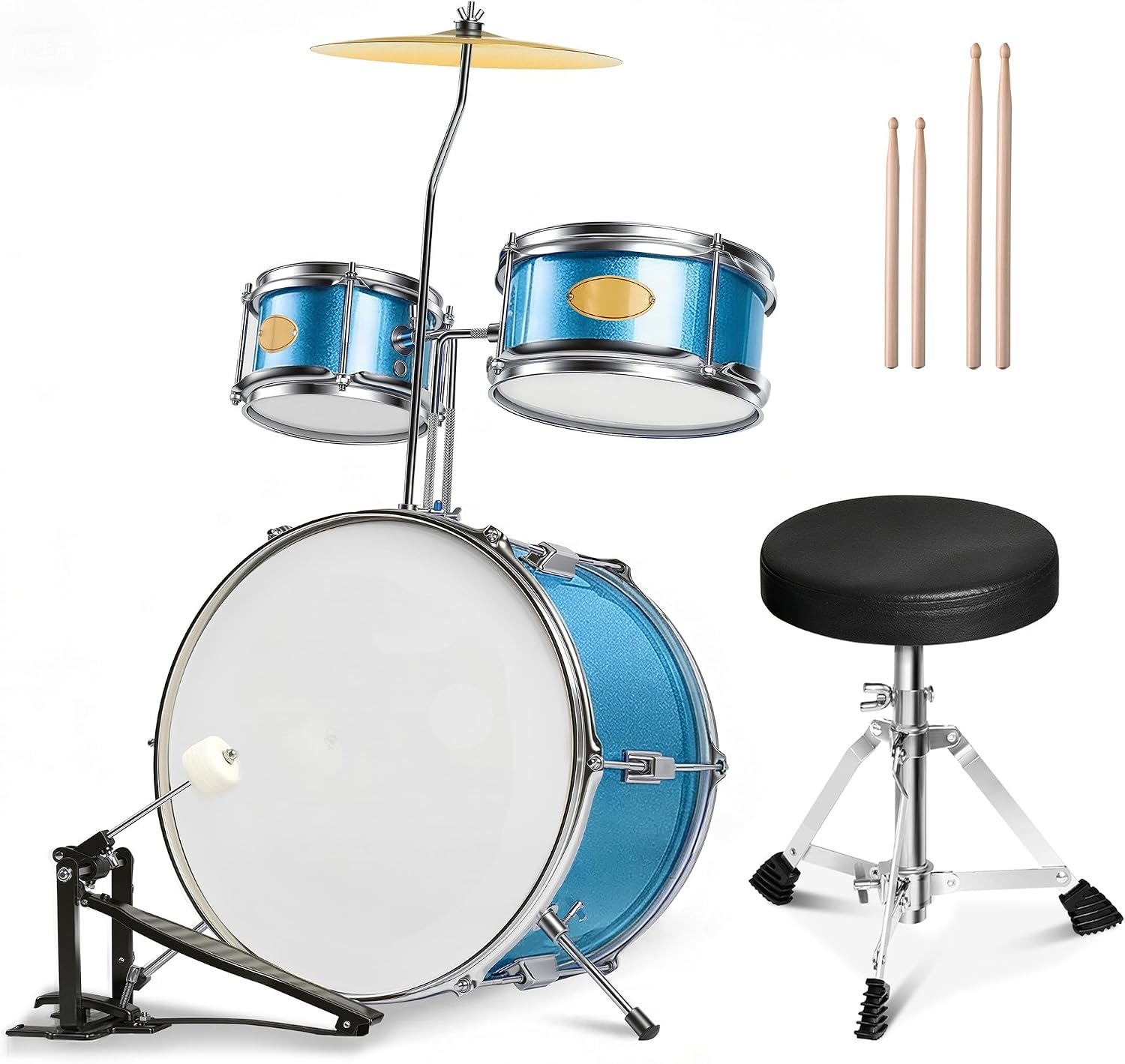 MOSEN Kids Drum Set 3-Piece Beginners, 14 inch Drum Kit with Adjustable Throne, Cymbal, Pedal & Drumsticks, Junior Drum Set with Bass Tom Snare Drum, Sky Blue