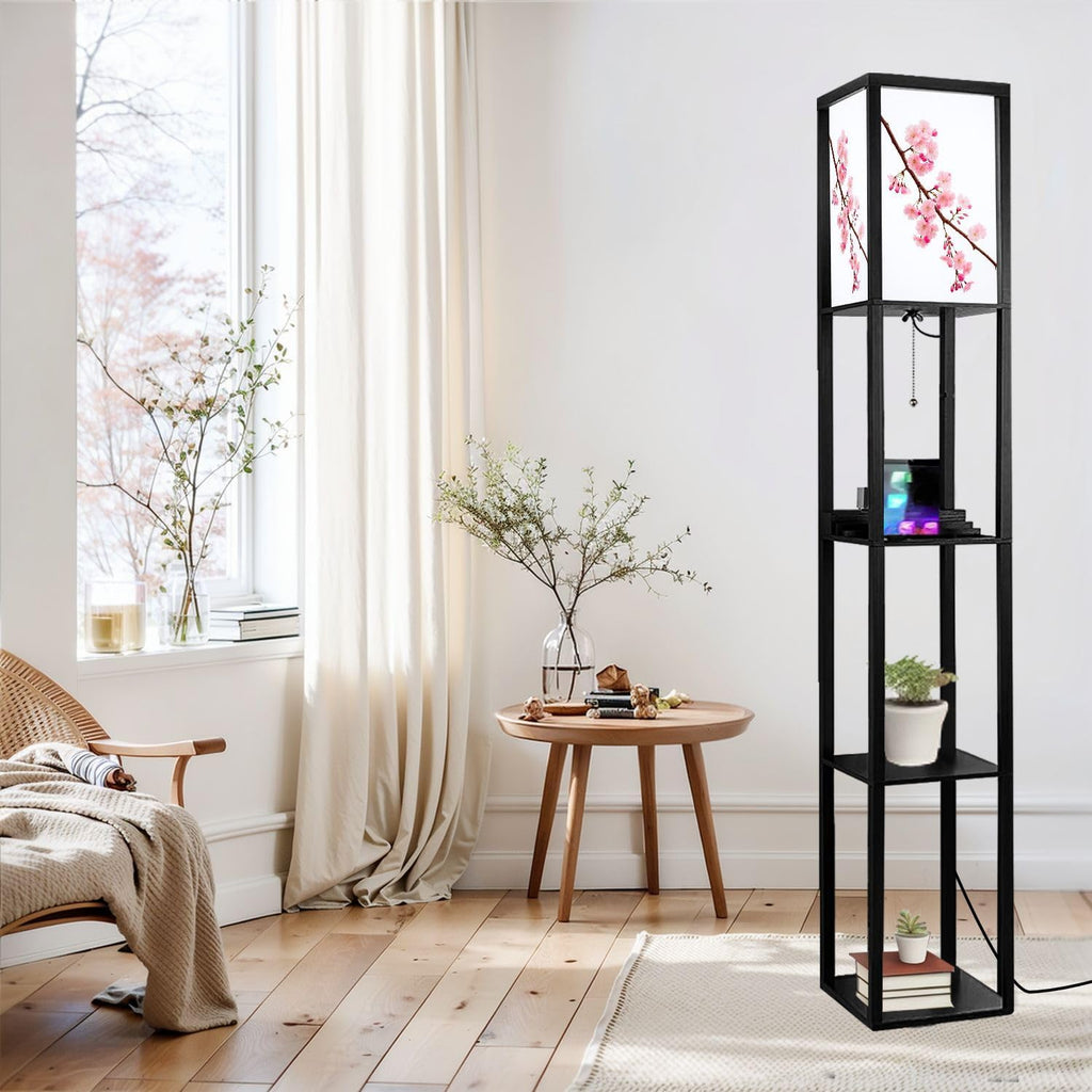 Floor Lamp with Shelves Pink Cherry Blossoms White Standing Tall Lamp USB Ports & Power Outlet Modern Corner Lamp Nightstand Light for Living Room Bedroom