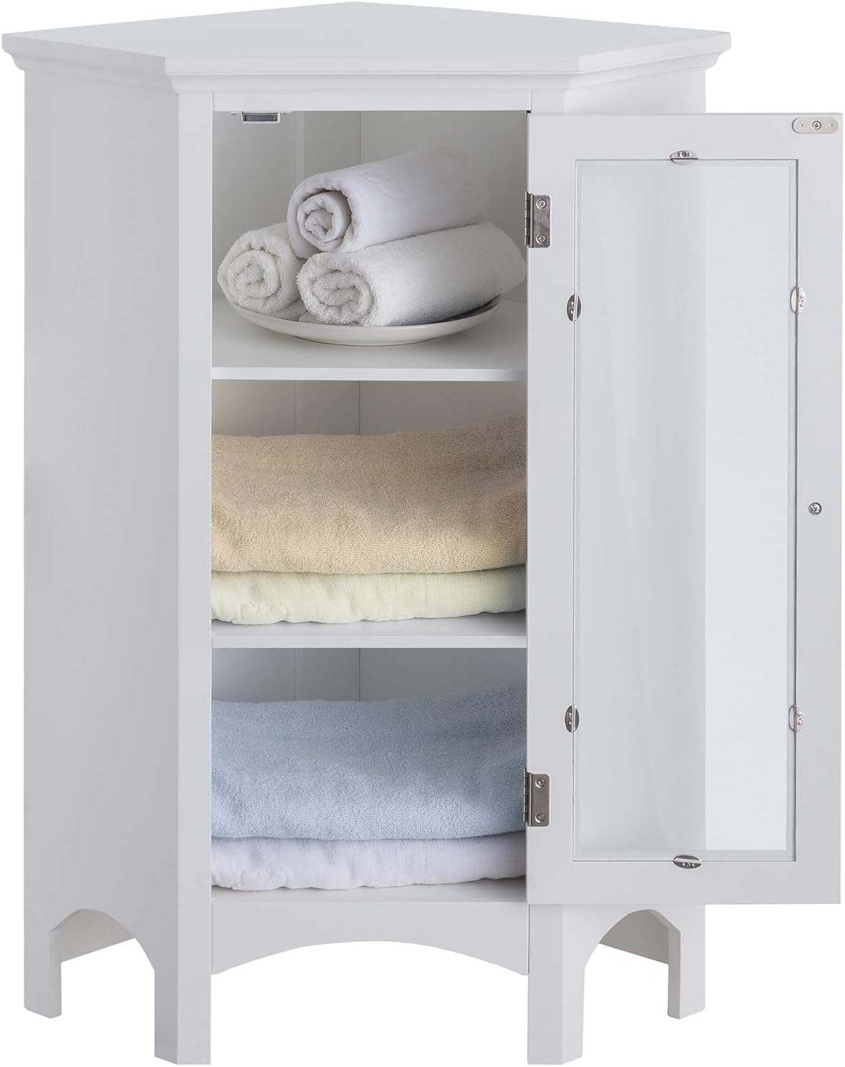 Teamson Home Madison Bathroom Corner Floor Cabinet, Freestanding Narrow Storage Corner Cabinet with Tempered Glass Panel and Adjustable Shelves, White