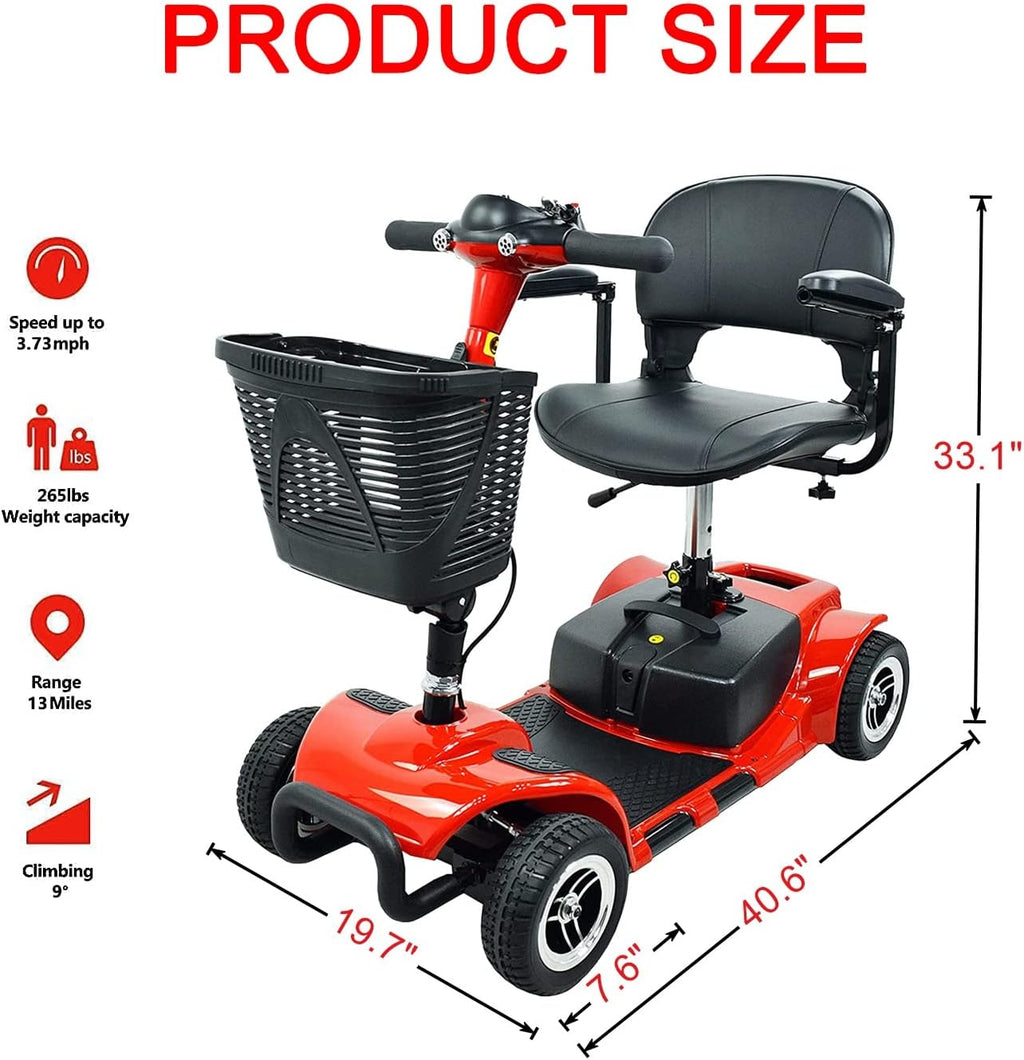 4-Wheel Mobility Scooter - Portable Folding Mobility Scooters for Adults - 12V12AH Battery Power Electric Mobility Scooters for Seniors, Adults, Handicapped, Elderly (Red)
