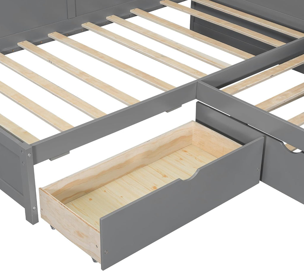 Merax L-Shaped Twin Bed with Trundle for 2-3 People, Wood Corner Platform Bed Frame with 1 Drawer & 5 Storage Shelves & Charging Station for Bedroom Guest Room, No Spring Box Needed (Grey)