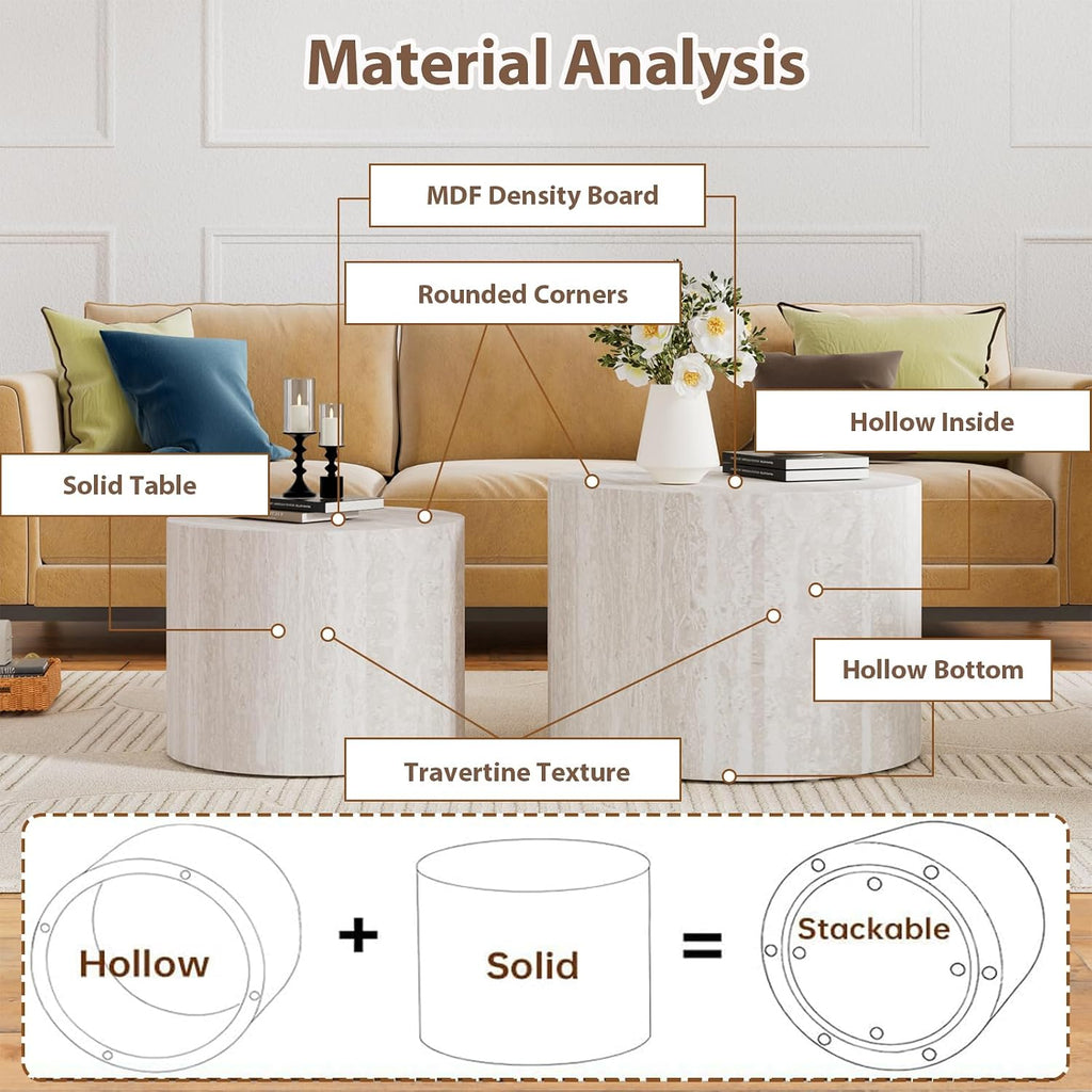 Round Wood Coffee Table Set of 2 Modern Circle Nesting Coffee Table Handcrafted Drum Nesting Table Nesting Coffee Tables for Living Room for Small Space (Travertine B (D18.2+D14.6 inch))