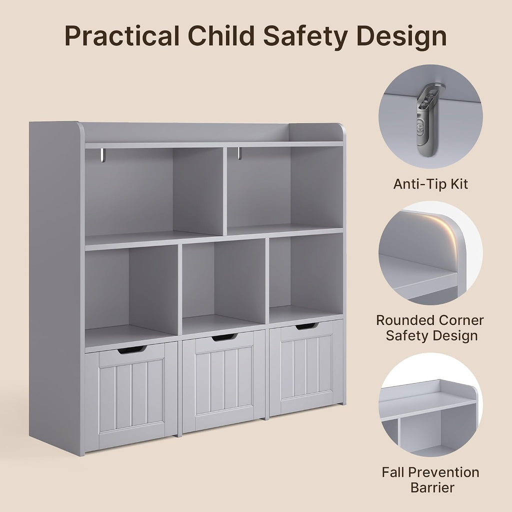Gizoon Toy Storage Organizer with 3 Movable Drawers and 6 Open Shelves Kids Bookshelf Featuring Fall Prevention Barrier for Playroom Nursery Kids Room Organization, Gray, Painted