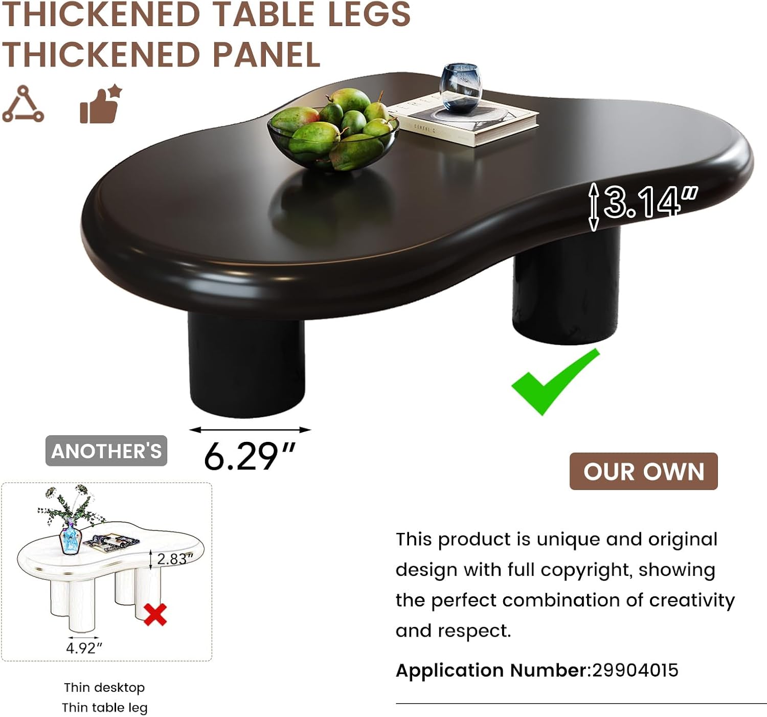46.06' Cloud Shape Coffee Table, Modern Round Edge Black Coffee Table with 3 Sturdy Support Legs and 3.14' Thick Tabletop for Living Room, Bedroom