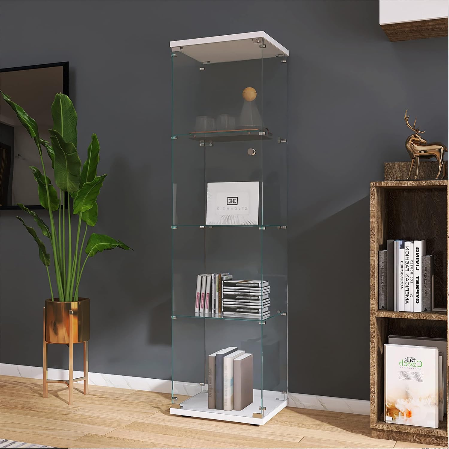 64' 4 Shelves Display Cabinet with One Door,Floor Standing Corner Curio Glass Cabinets Case W/Locks,Transparent Full Viewing Angle Bookshelf for Living Room,Bedroom,White