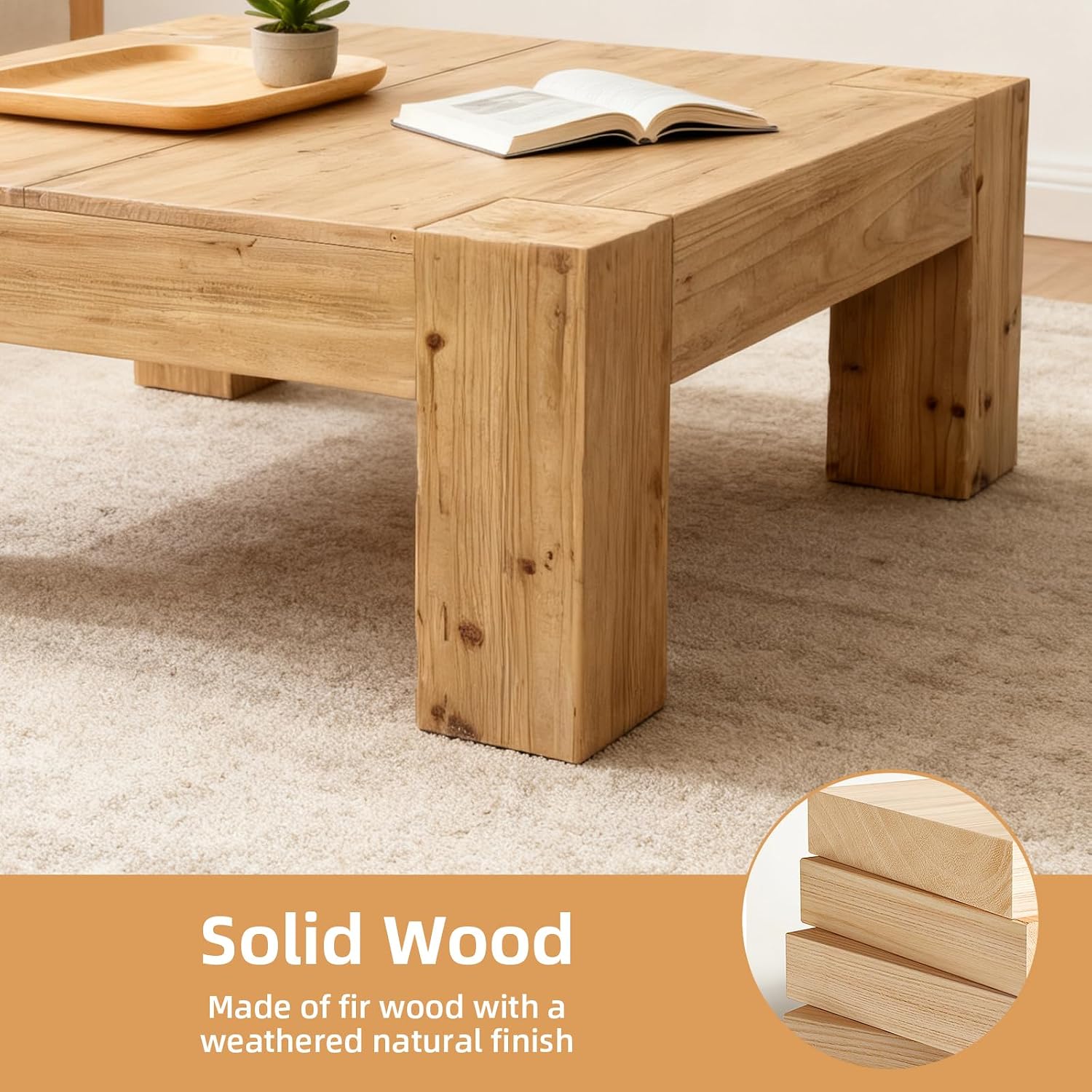 SSLine Solid Wood Coffee Table 39.4-Inch Square Coffee Table for Living Room,Farmhouse Cocktail Center Tables with Thicken Top and Sturdy Legs,Natural Brown
