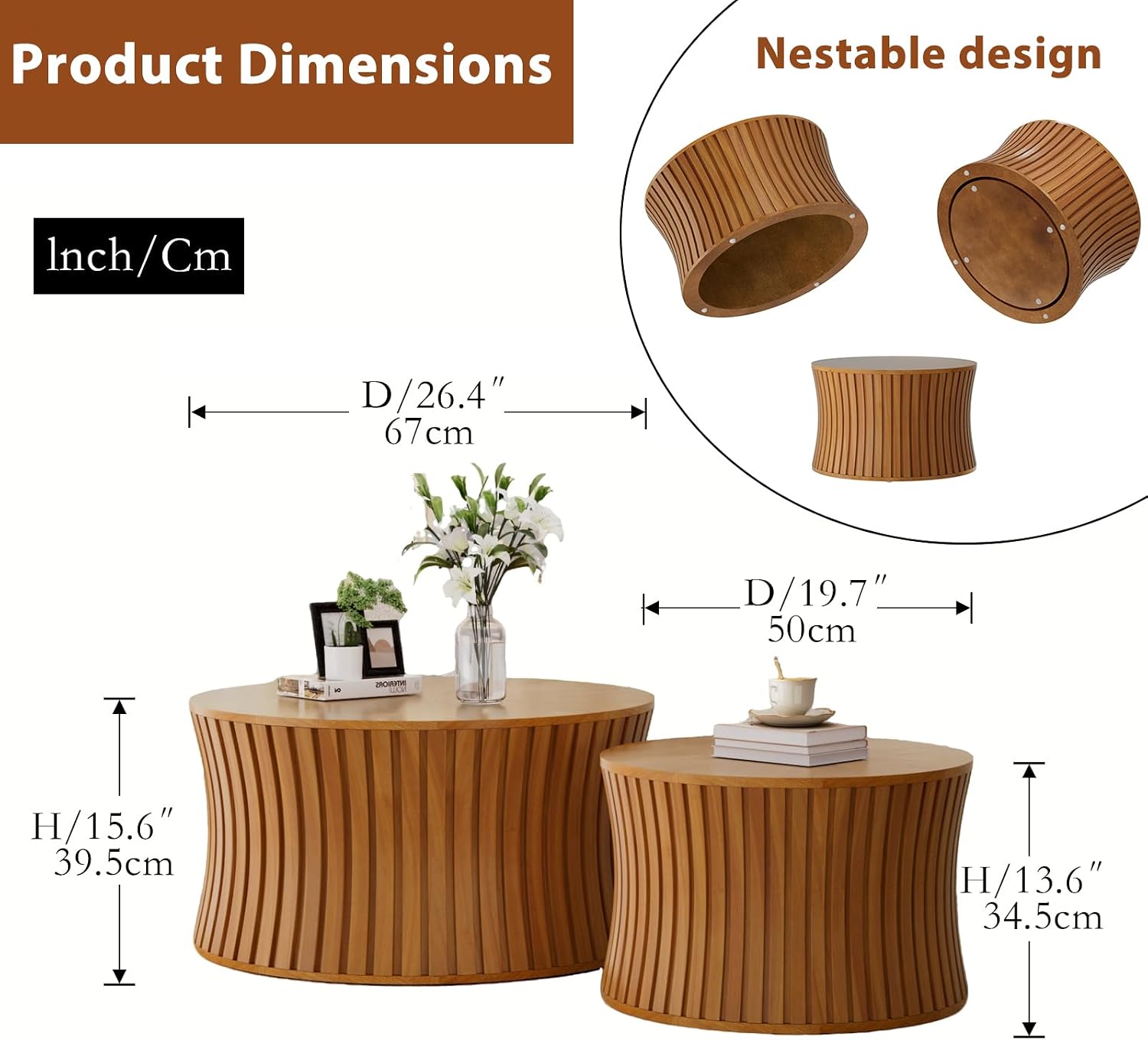 Round Wood Coffee Table Set of 2 Modern Circle Nesting Coffee Table Handcrafted Drum Nesting Table Nesting Coffee Tables for Living Room for Small Space (Brown (D26.4+D19.68 inch))