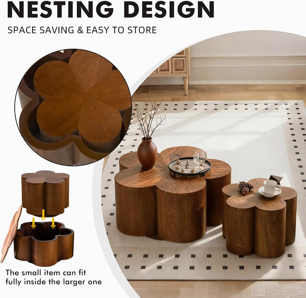 Nesting Tables for Living Room with Storage, Retro Nesting Coffee Table Set of 2, Petal Walnut Solid Wood Coffee Tables Mid Century Modern Center End Side Table Sets for Farmhouse Apartment Office