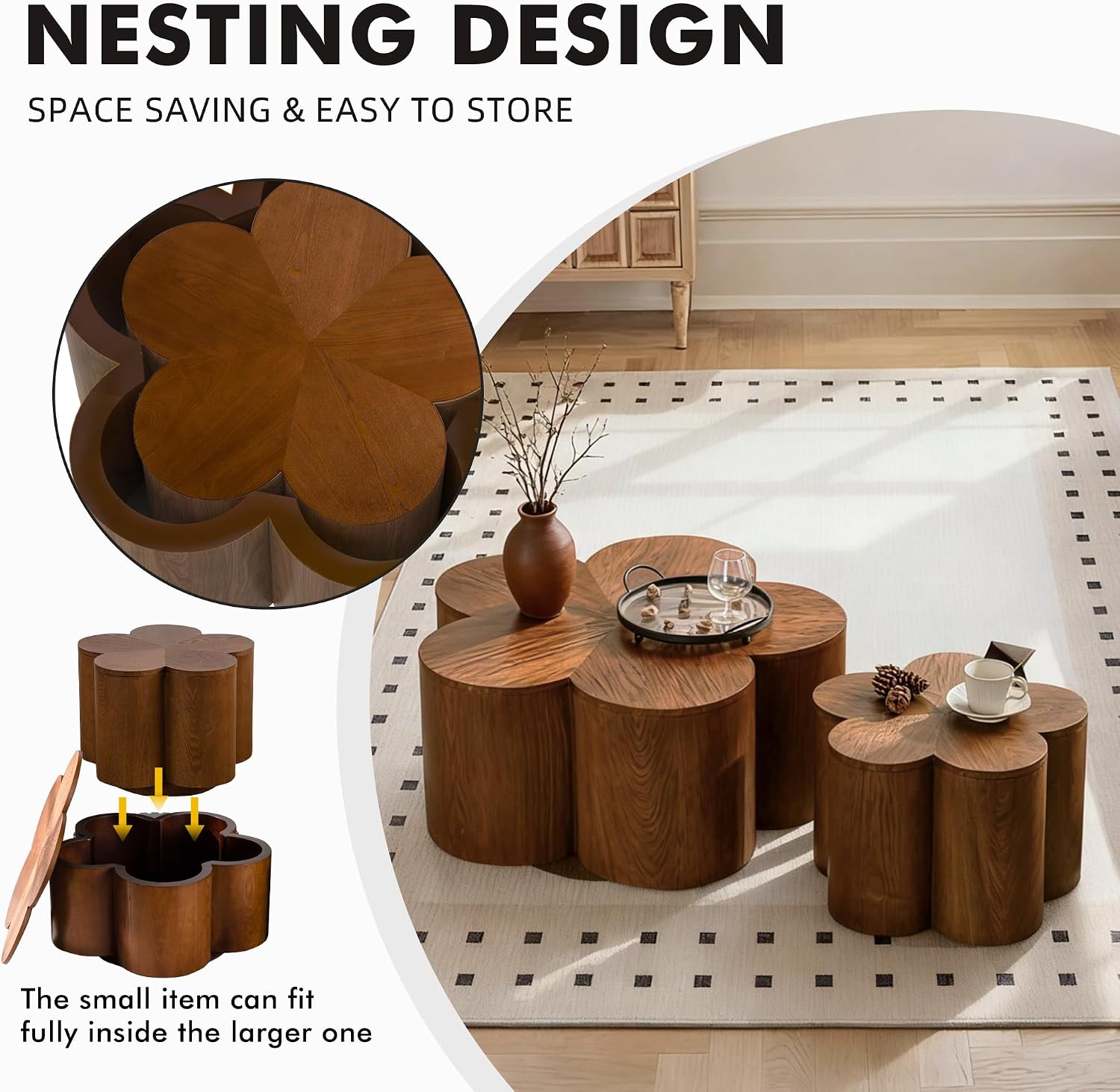 Nesting Tables for Living Room with Storage, Retro Nesting Coffee Table Set of 2, Petal Walnut Solid Wood Coffee Tables Mid Century Modern Center End Side Table Sets for Farmhouse Apartment Office
