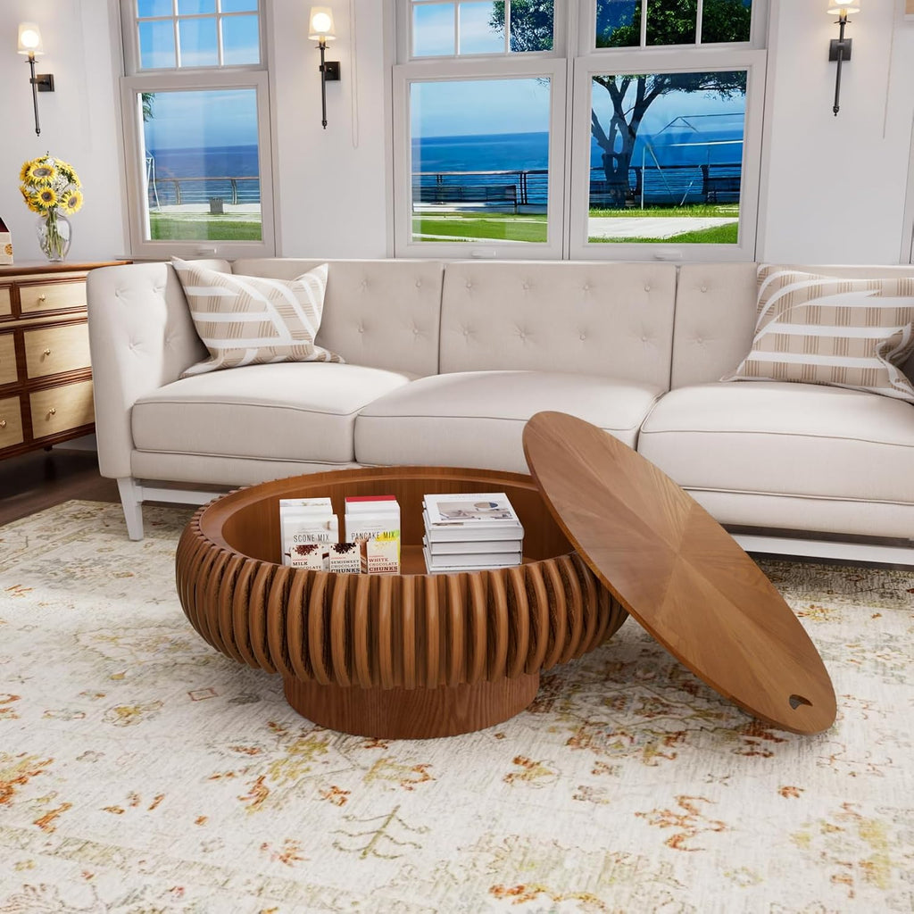 31.49'' Round Fluted Coffee Table with Storage, Modern Wooden Drum Coffee Table, Circle Center Table Accent Tea Table with Sturdy Pedestal for Living Room Apartment Small Space (31.49' Storage Brown)