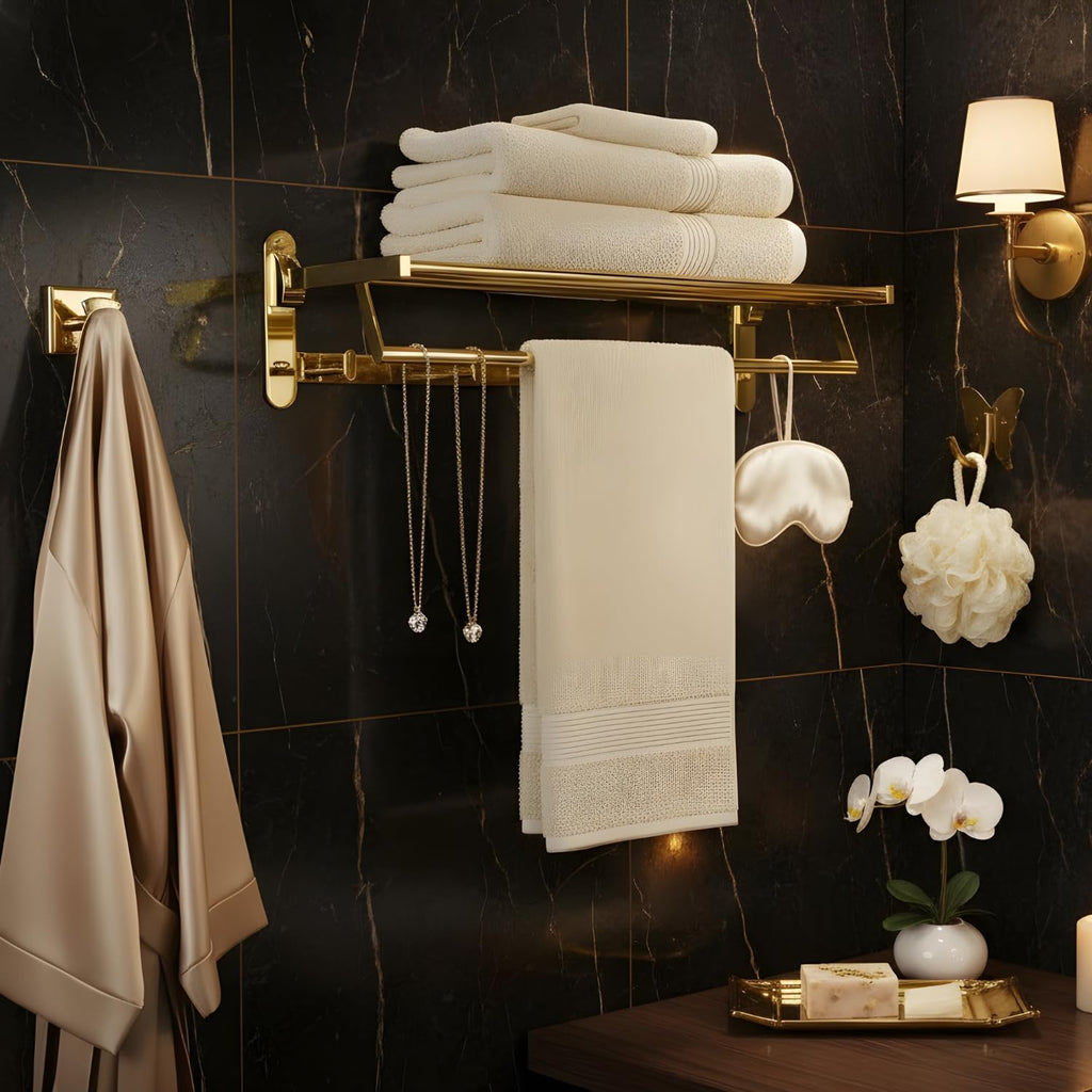 Roshan Handcrafted and Hand Polished Multi Purpose Towel Rack, Rust Proof and Peel Resistant Towel Shelf, Includes 2 Handmade Hooks (6-Piece Gold)