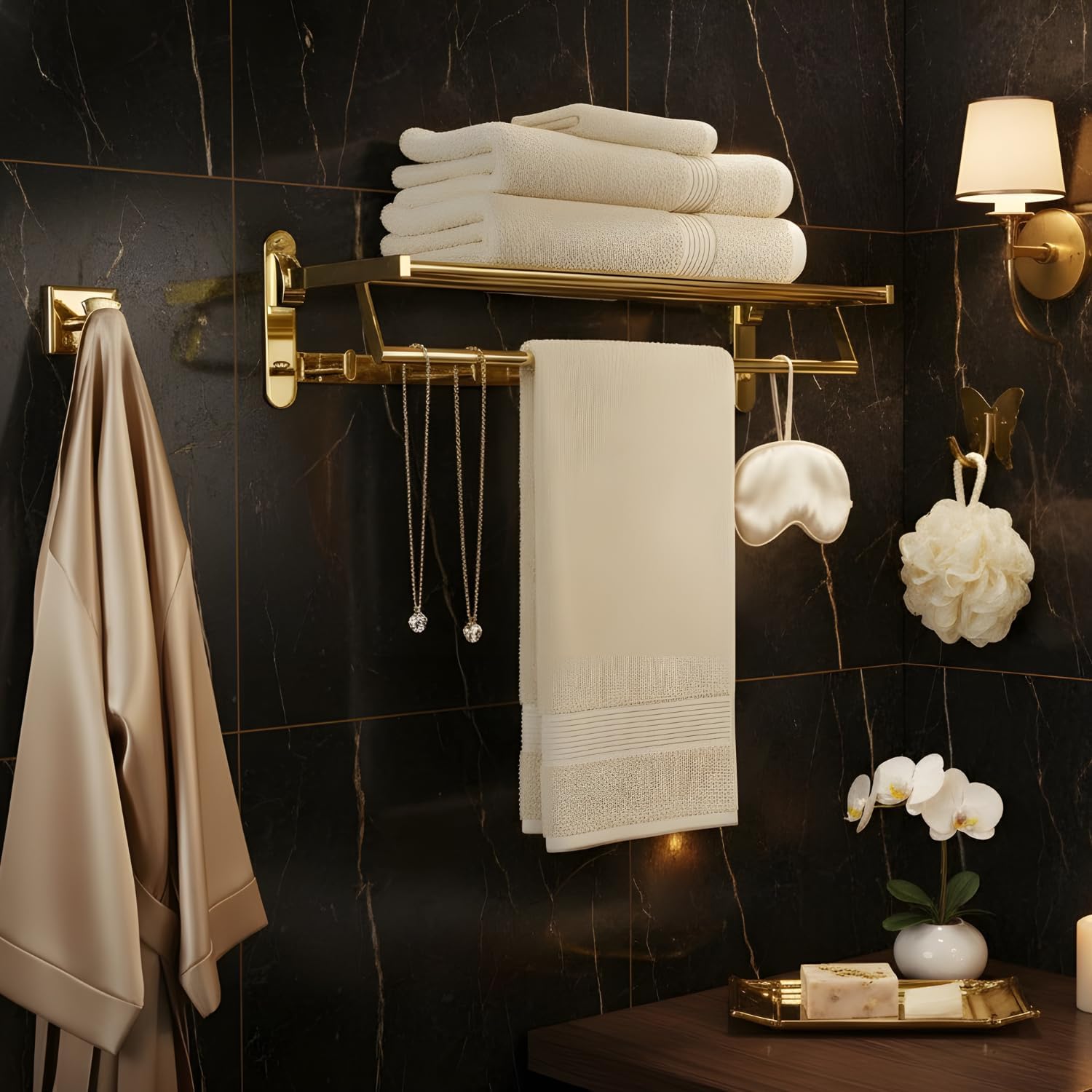 Roshan Handcrafted and Hand Polished Multi Purpose Towel Rack, Rust Proof and Peel Resistant Towel Shelf, Includes 2 Handmade Hooks (6-Piece Gold)