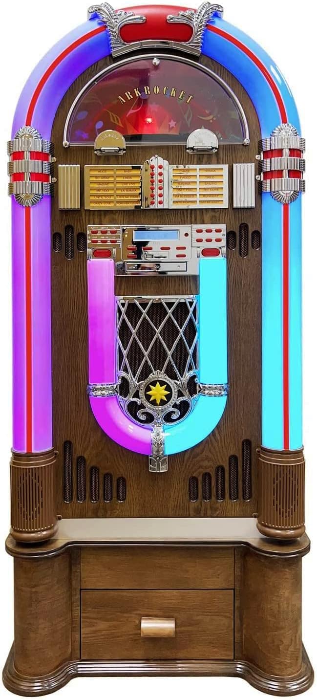 Arkrocket Saturn V Full Size Jukebox Vinyl Record Player Bluetooth USB SD CD Player Radio Retro Classic Jukebox (Saturn V + Stand - Oak)