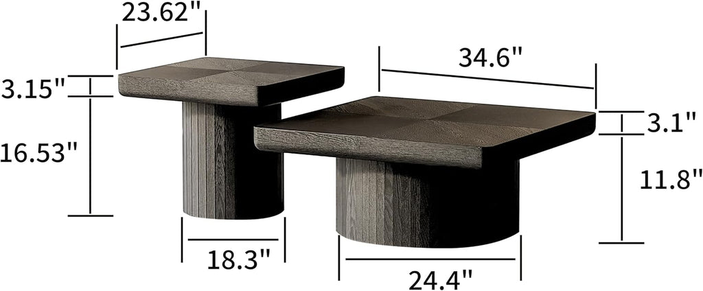KEIKI Nesting Coffee Table Set of 2, Modern Wooden Coffee Tables with Fluted Cylindrical Base, 34.6' Square Coffee Table & 23.6' Side Table, Space-Saving Living Room Accent Tables, Black
