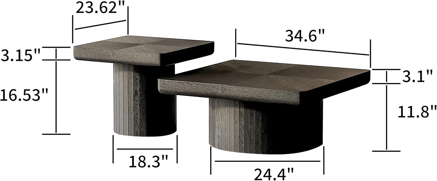 KEIKI Nesting Coffee Table Set of 2, Modern Wooden Coffee Tables with Fluted Cylindrical Base, 34.6' Square Coffee Table & 23.6' Side Table, Space-Saving Living Room Accent Tables, Black