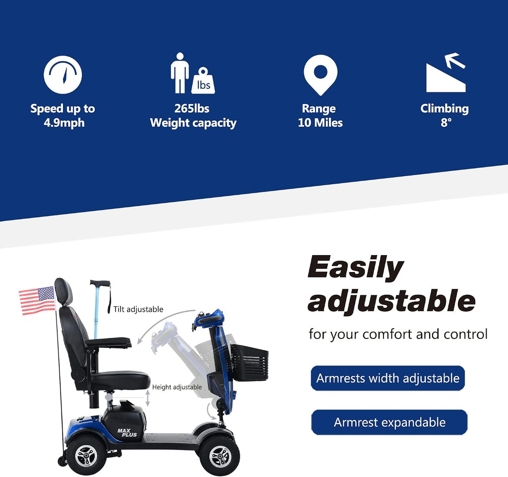 Mobility Scooter, 4 Wheels Outdoor Compact Mobility Scooters for Adults Seniors, Folding Mobility Scooter with USB Charger Port, Basket and Cup Holder, Sliding Swivel Seat, Blue