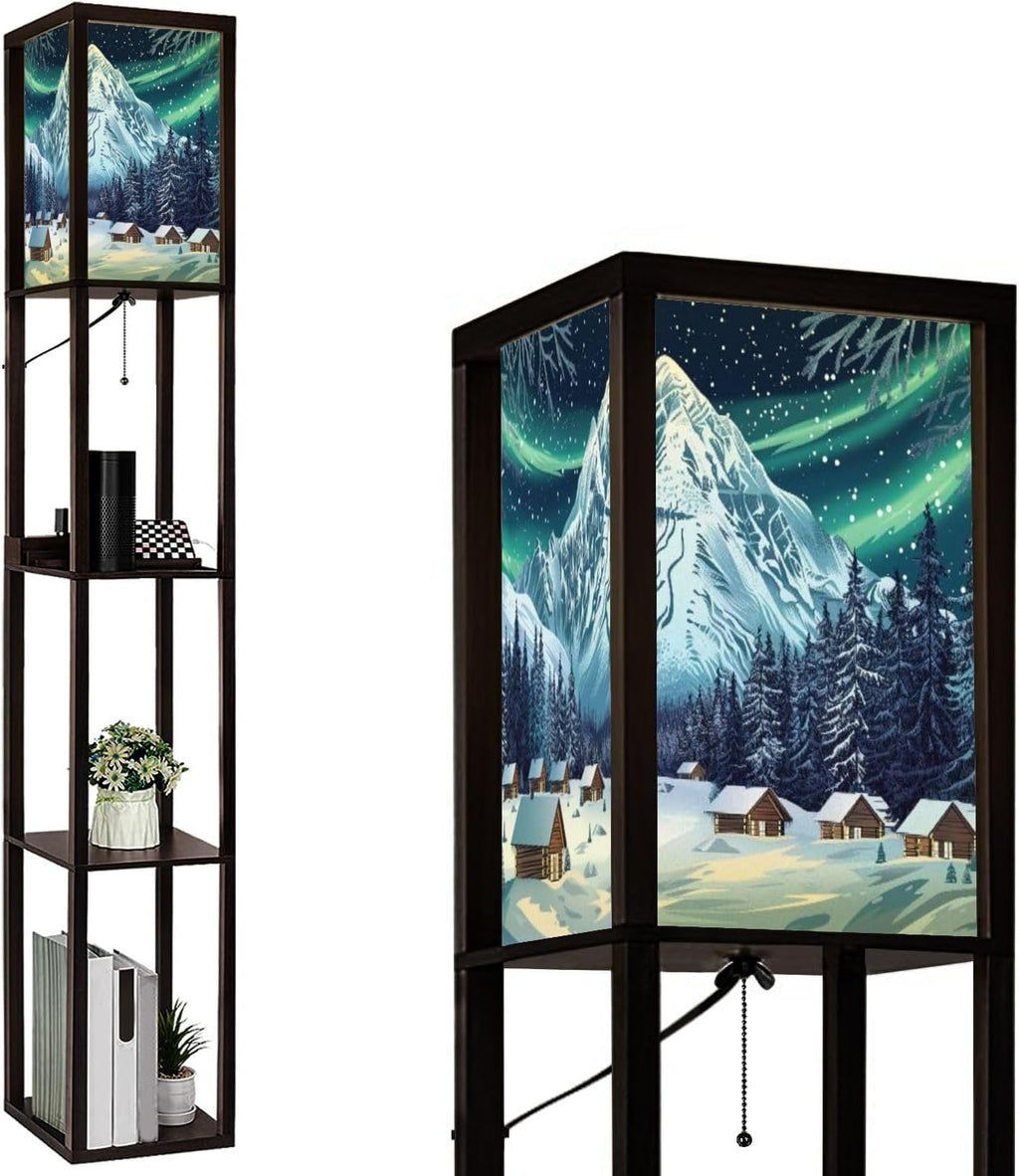 Floor Lamp with Shelves Woodcut Winter Capped Mountain Coniferous Forest Standing Tall Lamp USB Ports & Power Outlet Modern Corner Lamp Nightstand Light for Living Room Bedroom
