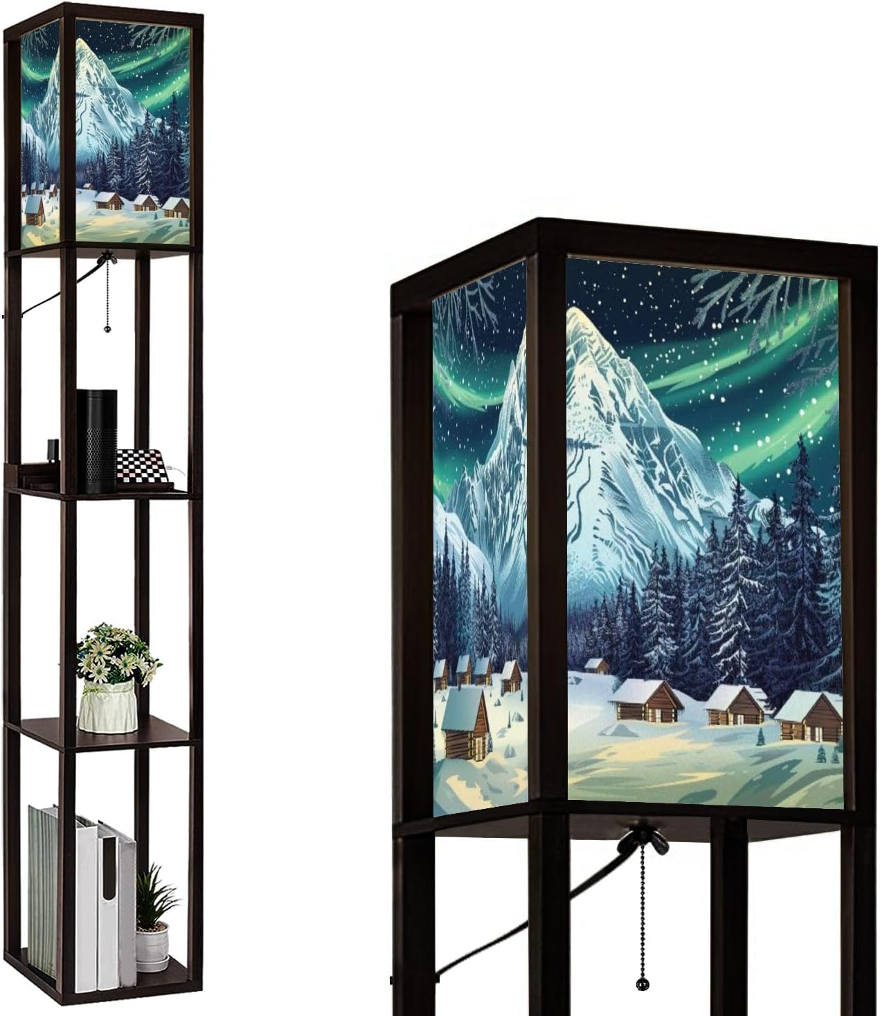 Floor Lamp with Shelves Woodcut Winter Capped Mountain Coniferous Forest Standing Tall Lamp USB Ports & Power Outlet Modern Corner Lamp Nightstand Light for Living Room Bedroom