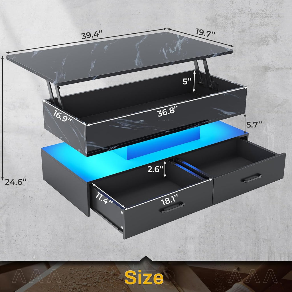 SEDETA 40' Lift Top Coffee Table, Coffee Tables with Storage for Living Room, Small Coffee Table with 2 Drawers & LED Light for Dining Reception Room, Black Marble