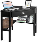 KOTEK Corner Desk with Drawer and Shelves, Wooden Home Office Desk Triangle Computer Desk, Writing Study Desk Computer Workstation, Makeup Vanity Table (Black)