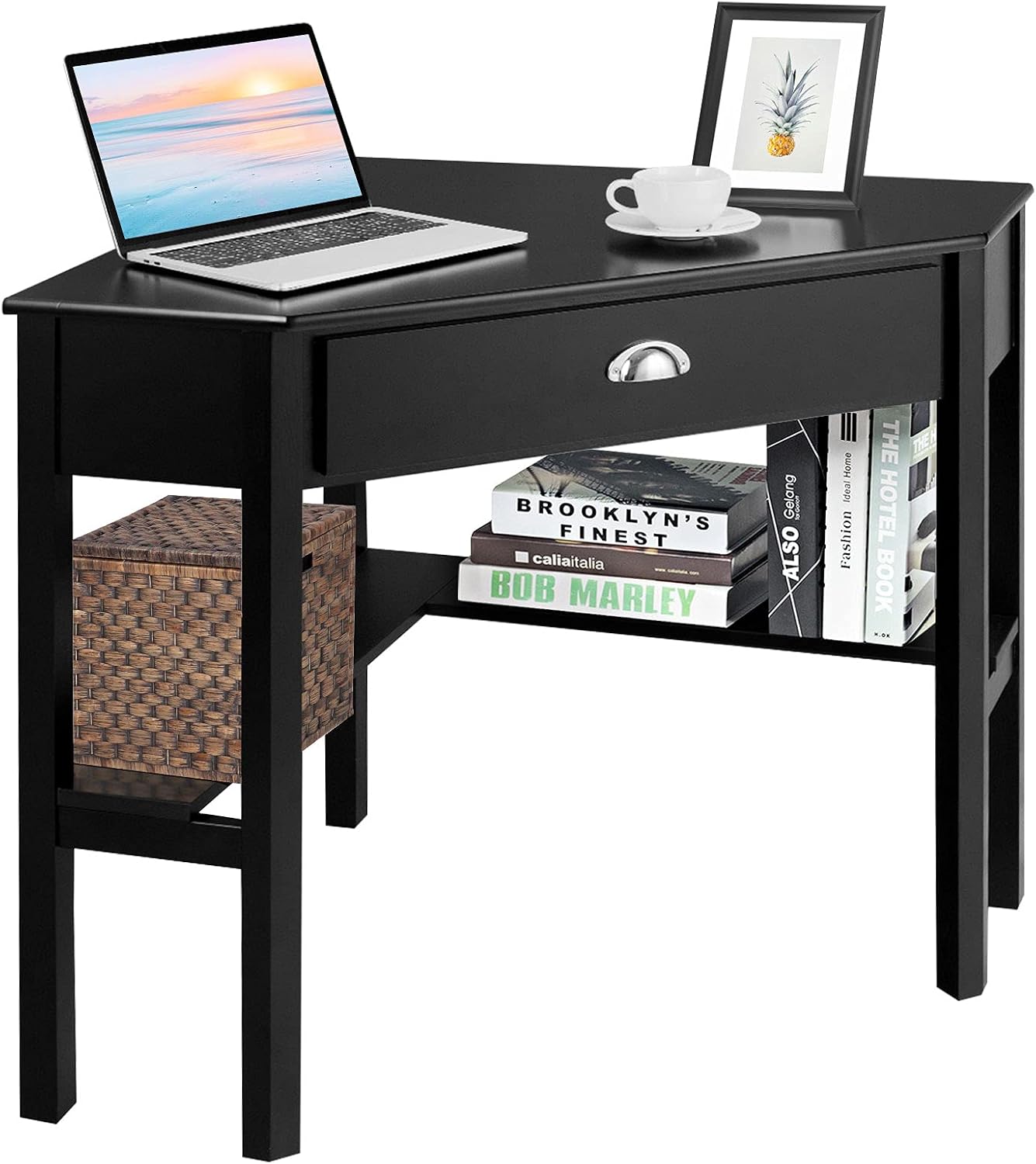 KOTEK Corner Desk with Drawer and Shelves, Wooden Home Office Desk Triangle Computer Desk, Writing Study Desk Computer Workstation, Makeup Vanity Table (Black)