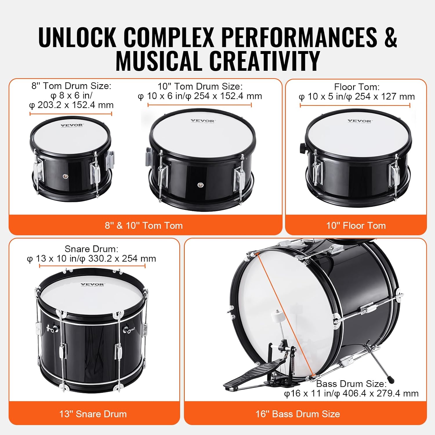VEVOR Kids Drum Set, 5 Piece 16in Beginner Youth Full Drum Set with Bass Toms Snare Floor Drum Adjustable Throne Cymbal Hi-Hat Pedal and Two Pairs of Drumsticks, Starter Drum Kit for Child Kids, Black