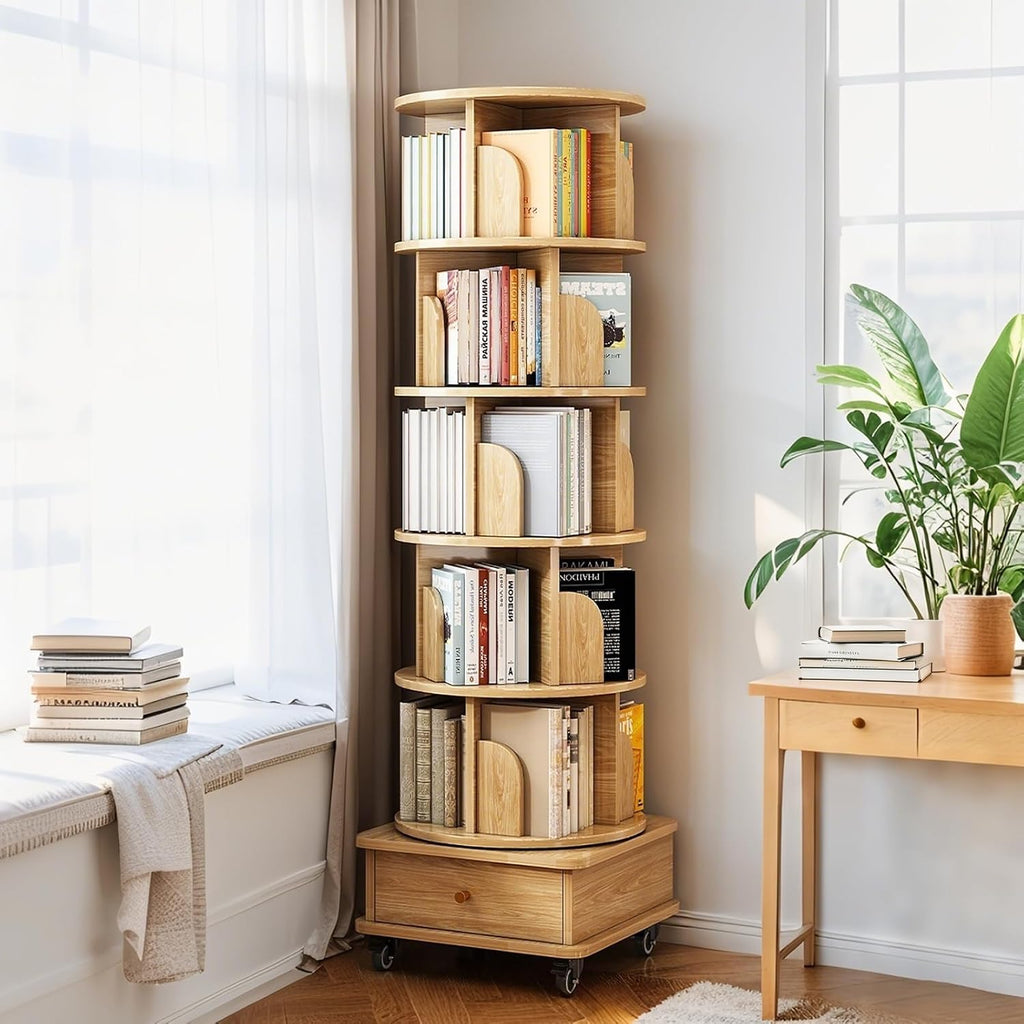 6 Tier Rotating Bookshelf 360° Spinning with Wheels & Drawer, Space Saving Storage Shelf for Small Spaces, Home Office Corner, Living Room, Bedroom