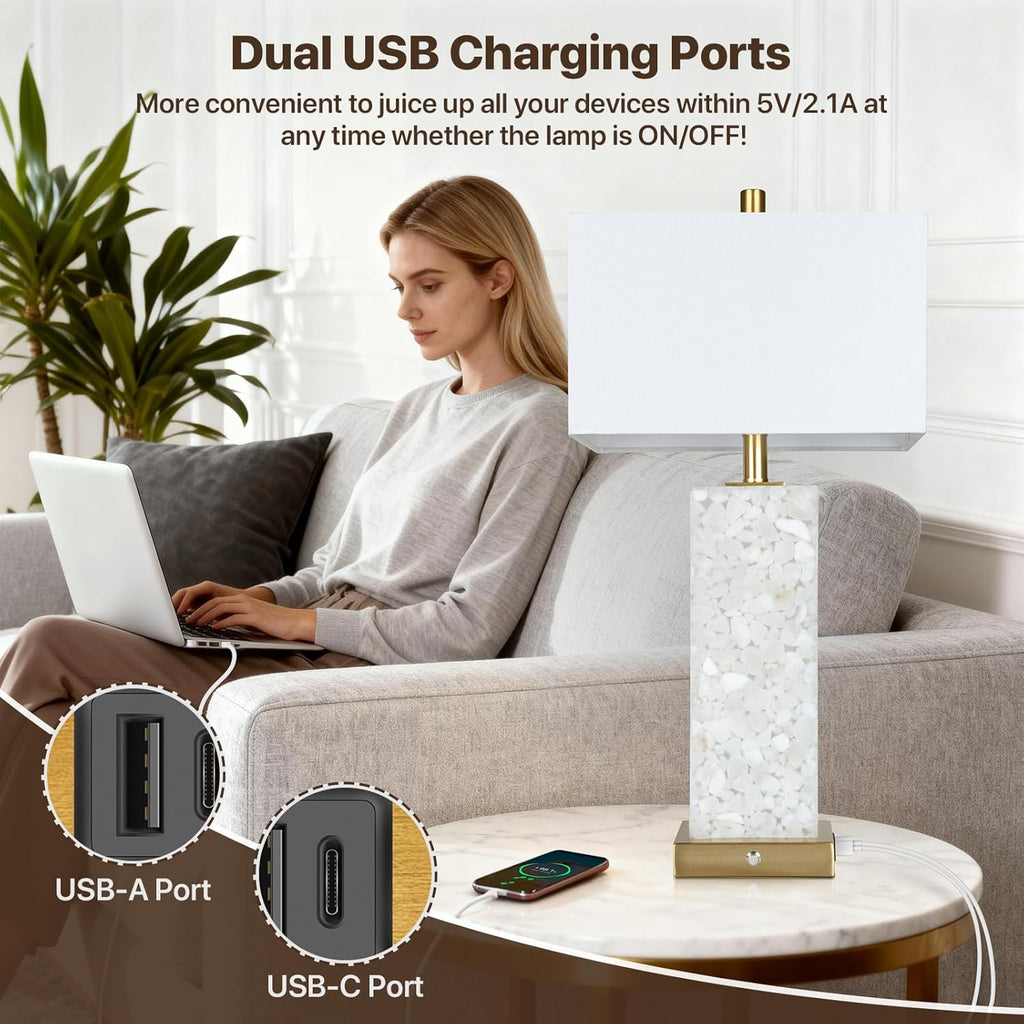 2-Pack 25.6' Alabaster Lamps, Marble Lamp Nightstand Lamps Set of 2, 3-Color Temperatures Bedside Lamps with Nightlight, Modern Table Lamp with USB Ports for Living Room Bedroom Hotel, Bulbs Included