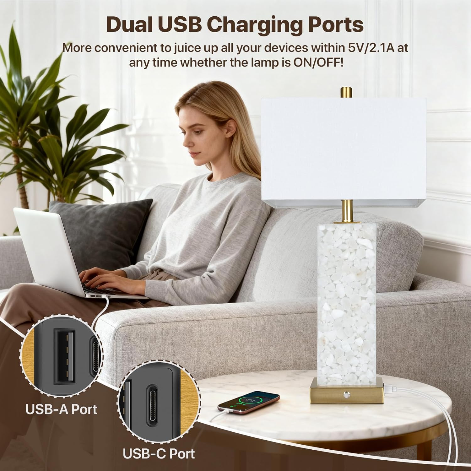 2-Pack 25.6' Alabaster Lamps, Marble Lamp Nightstand Lamps Set of 2, 3-Color Temperatures Bedside Lamps with Nightlight, Modern Table Lamp with USB Ports for Living Room Bedroom Hotel, Bulbs Included