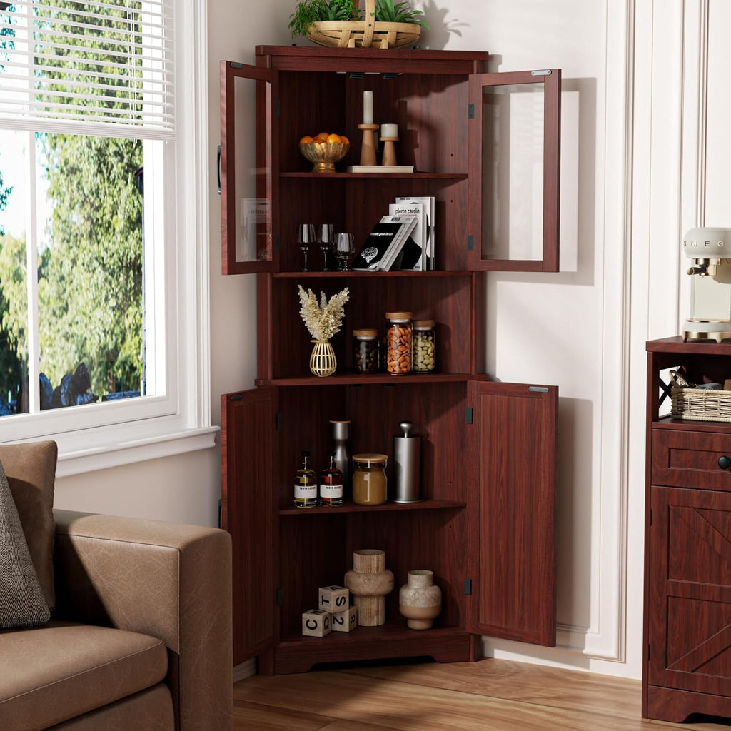 FiveWillowise 67''H Dark Brown Tall Corner Storage Cabinet with 4 Tempered Glass Doors and Barn Doors, Home Space Saver Decoration Farmhouse Cabinet with 2 Adjustable Shelves for Kitchen, Living Room