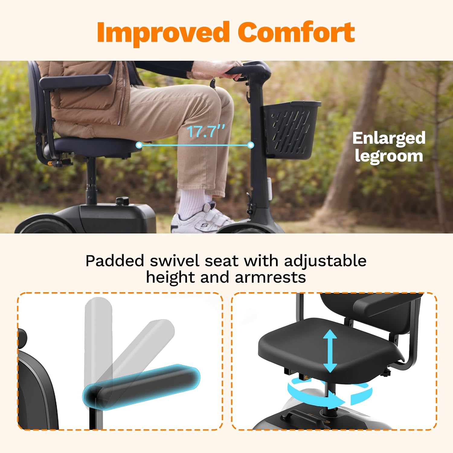 Glashow S1 Mobility Scooter for Adults, 4-Wheel Electric Mobility Scooter – 25-Mile Range, 6 mph, Smart Safety Features, Spacious Legroom, Swivel Seat, Headlight & Basket, Charger Included – Dark Gray