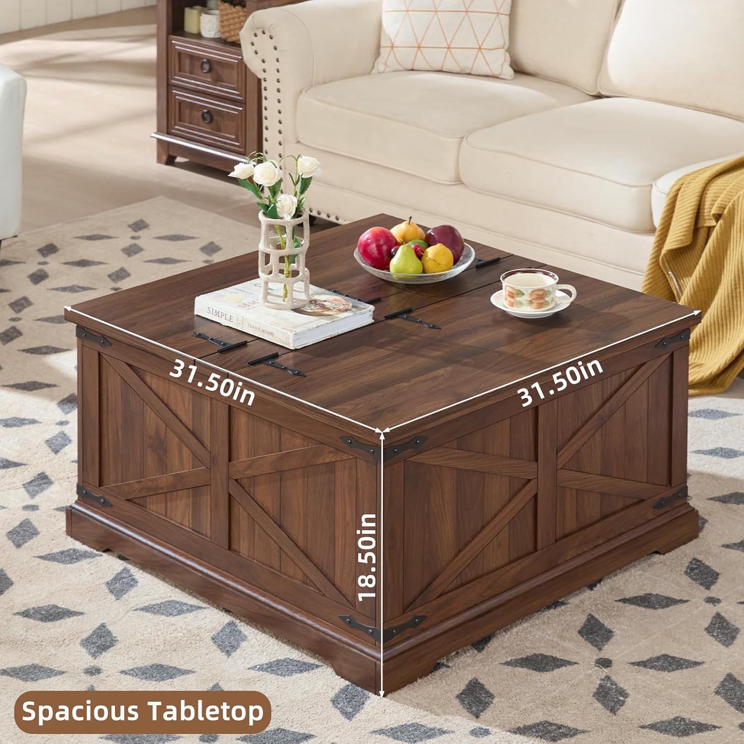 Joaxswe Farmhouse Coffee Table with Large Hidden Storage Compartment, Brown Retro Square Center Table, Wood Rustic Low Modern Living Room Tables with Hinged Lift Brown Top & Wooden Arc Base