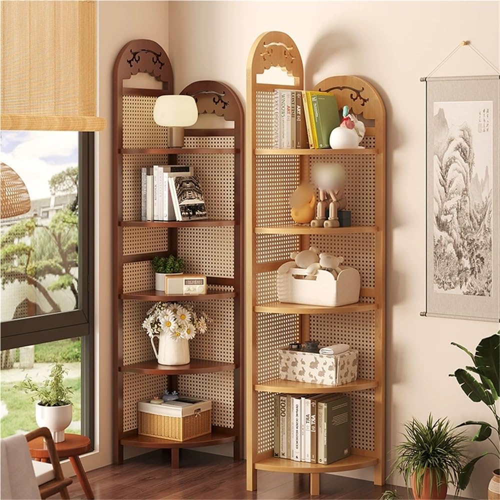 5-Tier Corner Bookshelf, Boho Corner Shelf Stand, Free Standing Rattan Storage Shelves, Tall Standing Shelf Organizer, Bookshelf, Plant Stand for Living Room Bedroom Study Kitchen(Khaki)