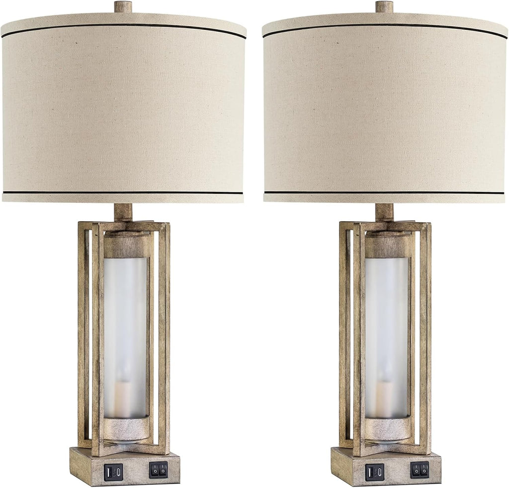 25' Set of 2 Farmhouse Table Lamps for Living Room with USB A+C Ports, Rustic Nightstand Lamp with White Night Light, Vintage Desk Lamp for Entryway Bedroom End Table, 4 Bulbs Included