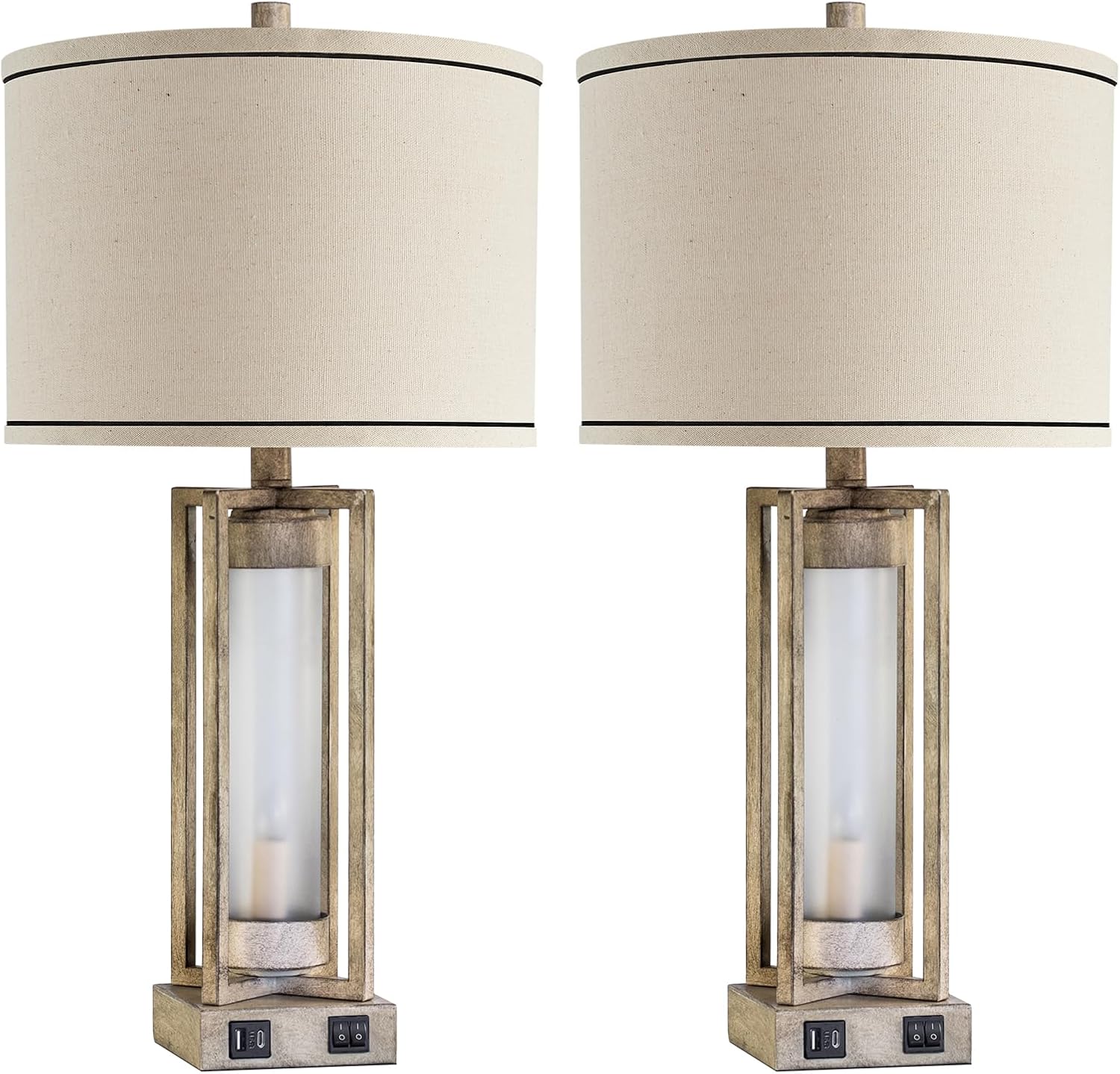 25' Set of 2 Farmhouse Table Lamps for Living Room with USB A+C Ports, Rustic Nightstand Lamp with White Night Light, Vintage Desk Lamp for Entryway Bedroom End Table, 4 Bulbs Included