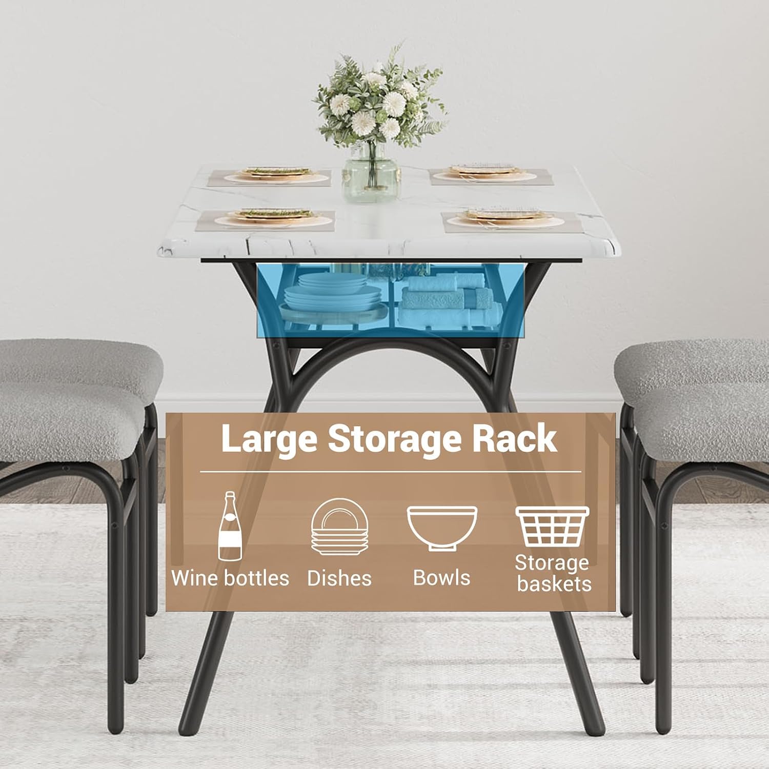 GarveeHome 5-Piece Dining Table Set for 4, Modern Kitchen Table with 4 Boucle Chairs, Rectangular Dining Table with Storage Shelf & Marble Tabletop, Beige Home Dining Furniture for Small Space