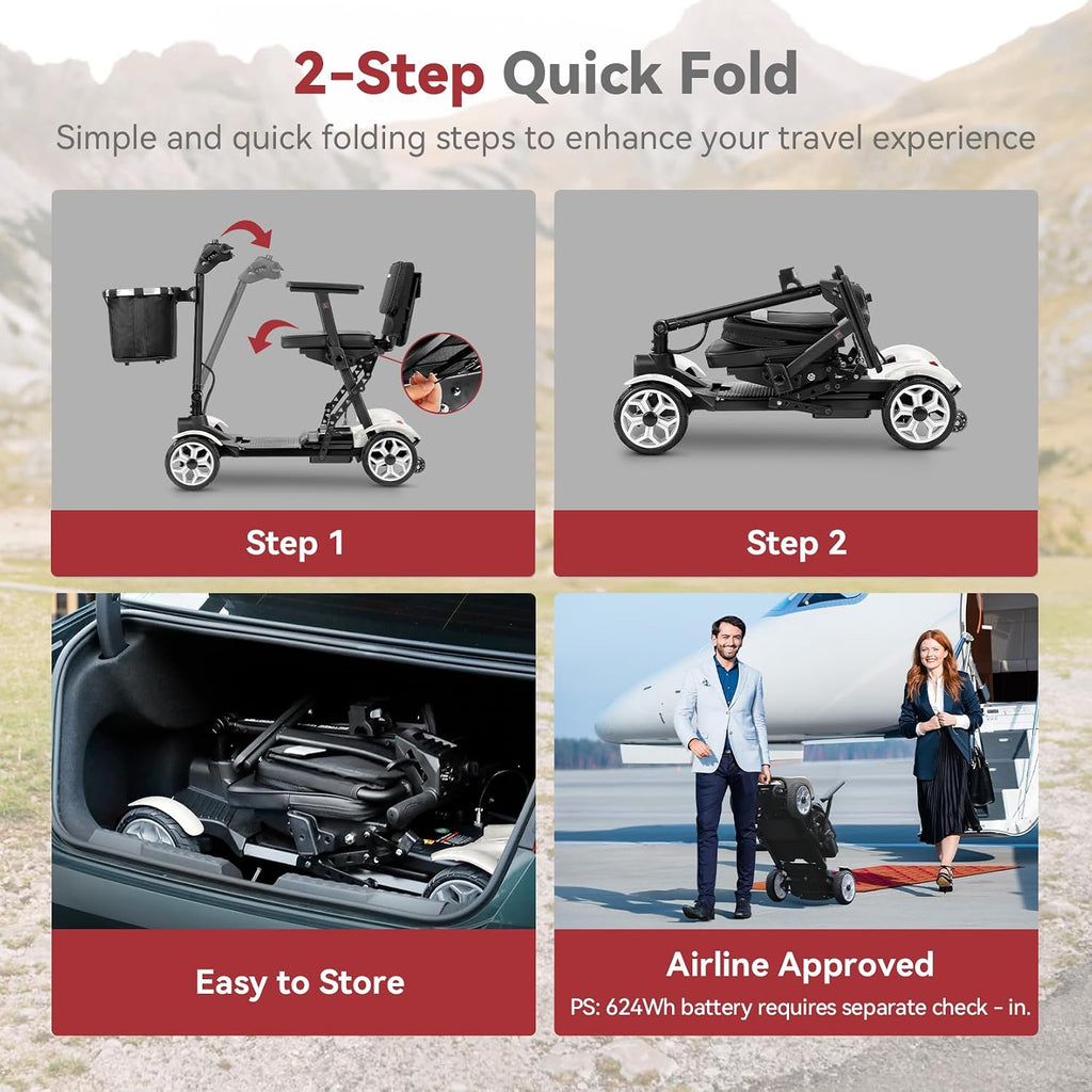 20 Miles Range Lightweight Mobility Scooter for Adults & Seniors - 47lbs Foldable 4 Wheel Travel Electric Scooter with Removable Battery, LED Lights - 300lb Capacity (White)